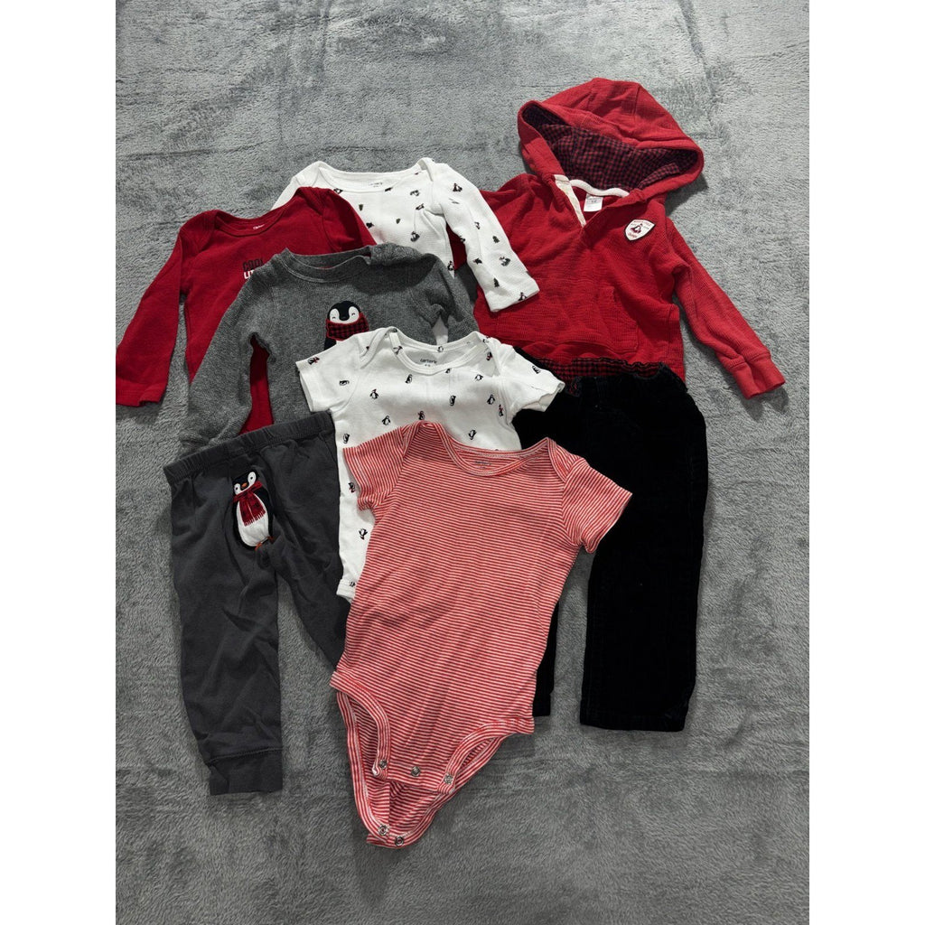 Carter's Baby Boy 12M 8 Piece Bundle Penguin Bodysuits Hoodie Pants Red Gray