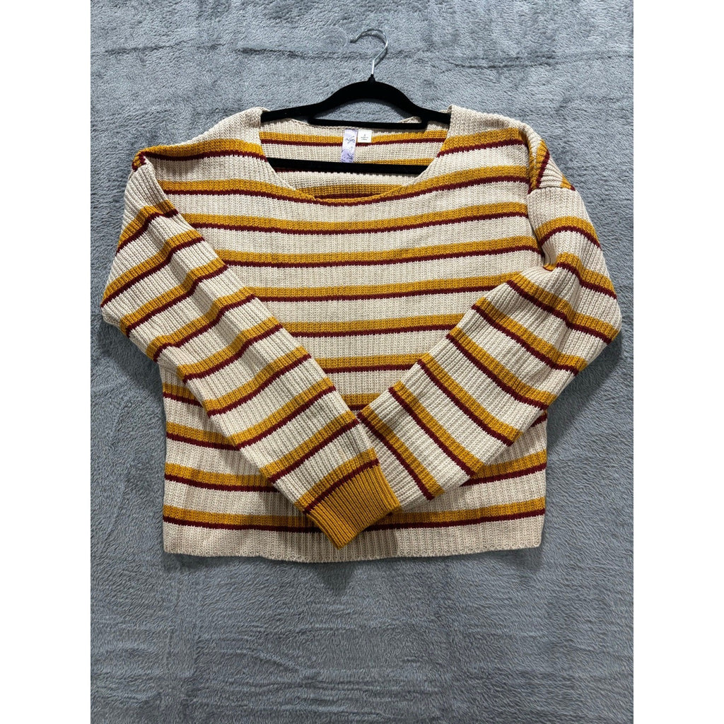 Alya Womens S Cream Mustard Burgundy Striped Ribbed Pullover Sweater