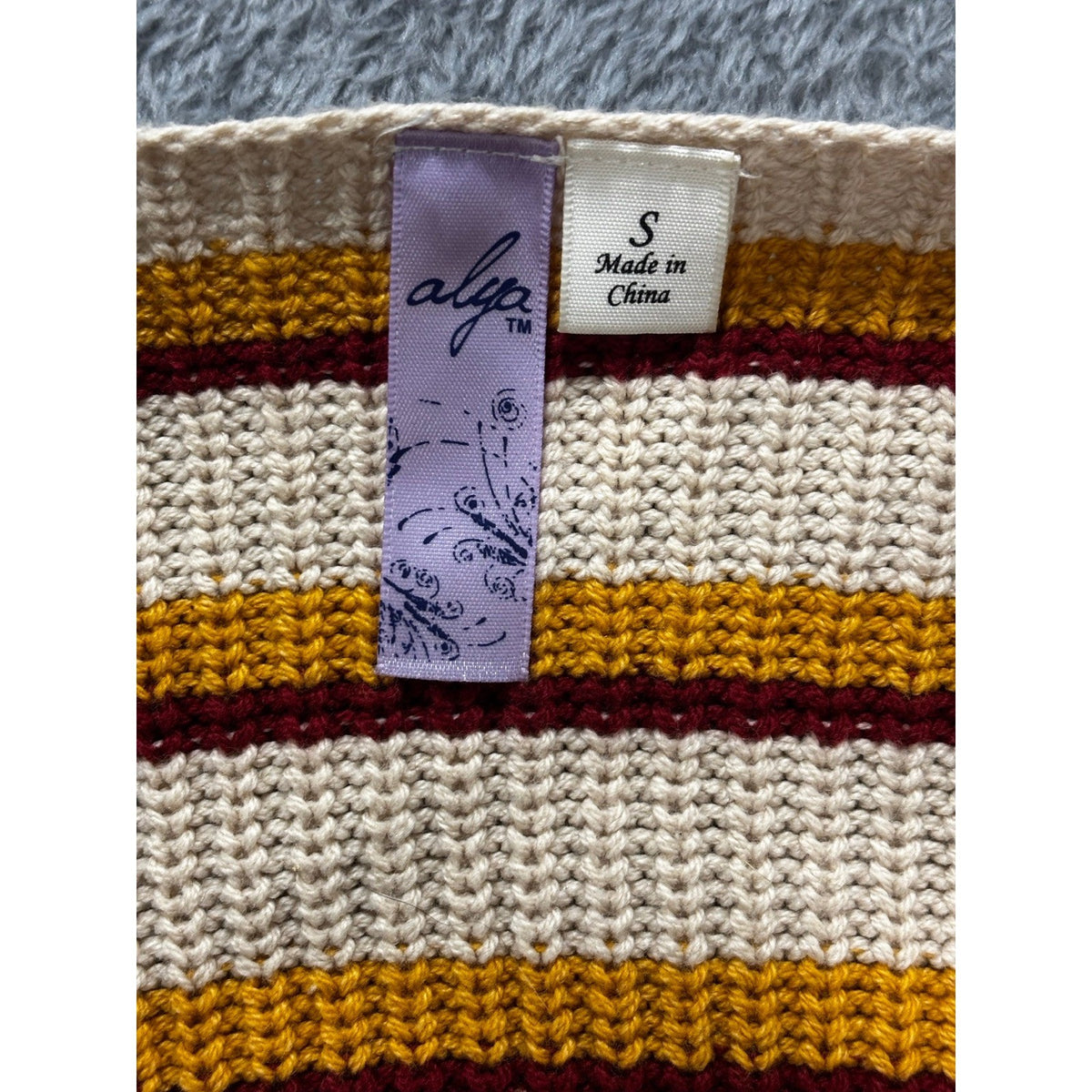 Alya Womens S Cream Mustard Burgundy Striped Ribbed Pullover Sweater