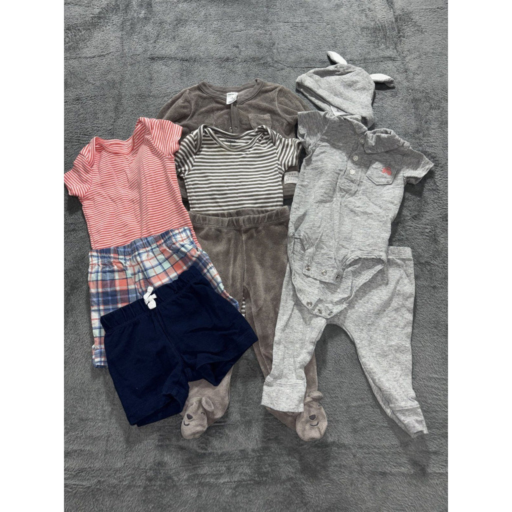 Carter's Baby 6M 9 Piece Bundle Cardigan Bodysuits Pants Shorts Hat Gray Brown