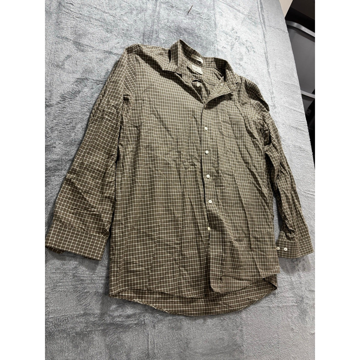 L.L.Bean XL Tall Olive Cream Check Button Up Shirt Preppy Casual