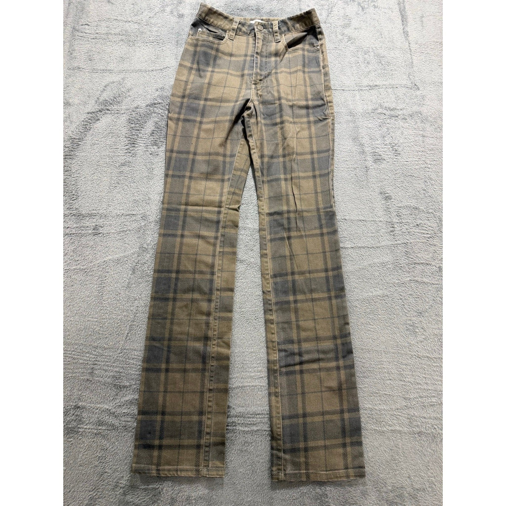 WEWOREWHAT 25 Olive Gray Plaid Straight Leg Jeans Womens Stretch Casual Preppy
