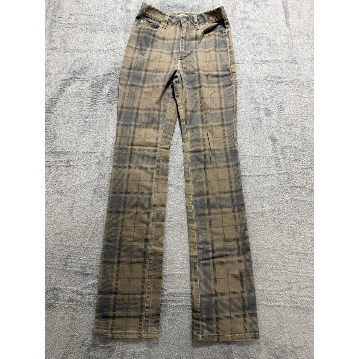 WEWOREWHAT 25 Olive Gray Plaid Straight Leg Jeans Womens Stretch Casual Preppy