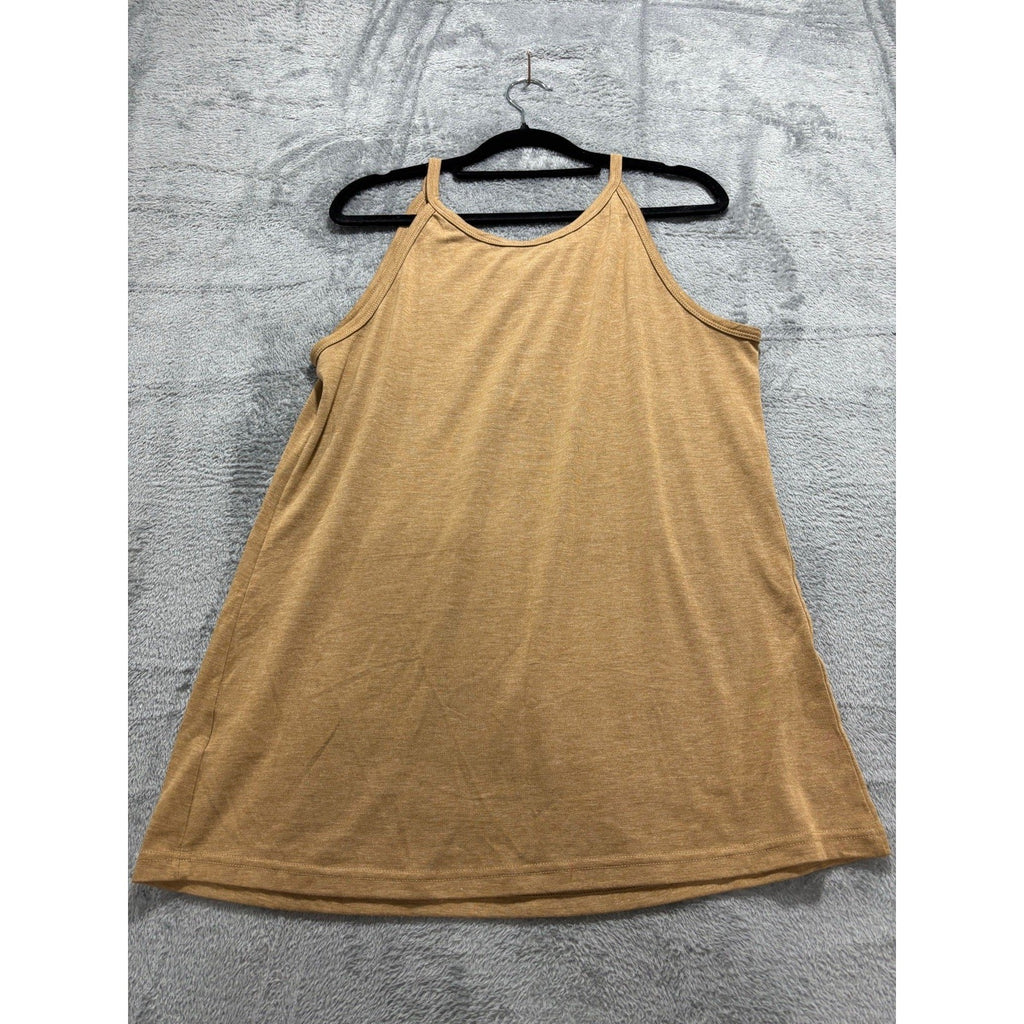 Womens Camel Tan Henley Cami Tank Top Sleeveless Casual Boho Minimalist