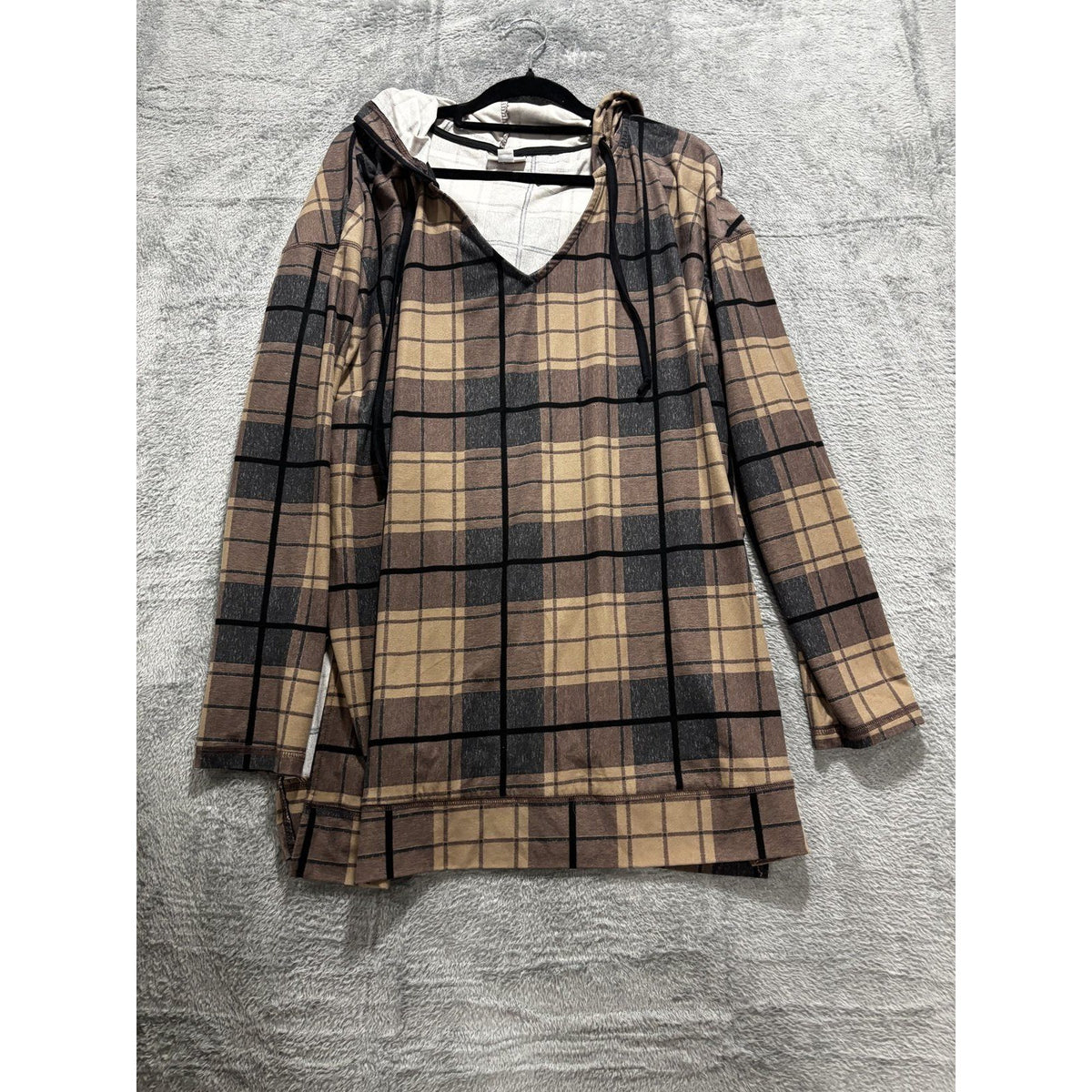 LuLaRoe Womens XL Tan Brown Plaid Hooded Tunic Top Casual Cozy
