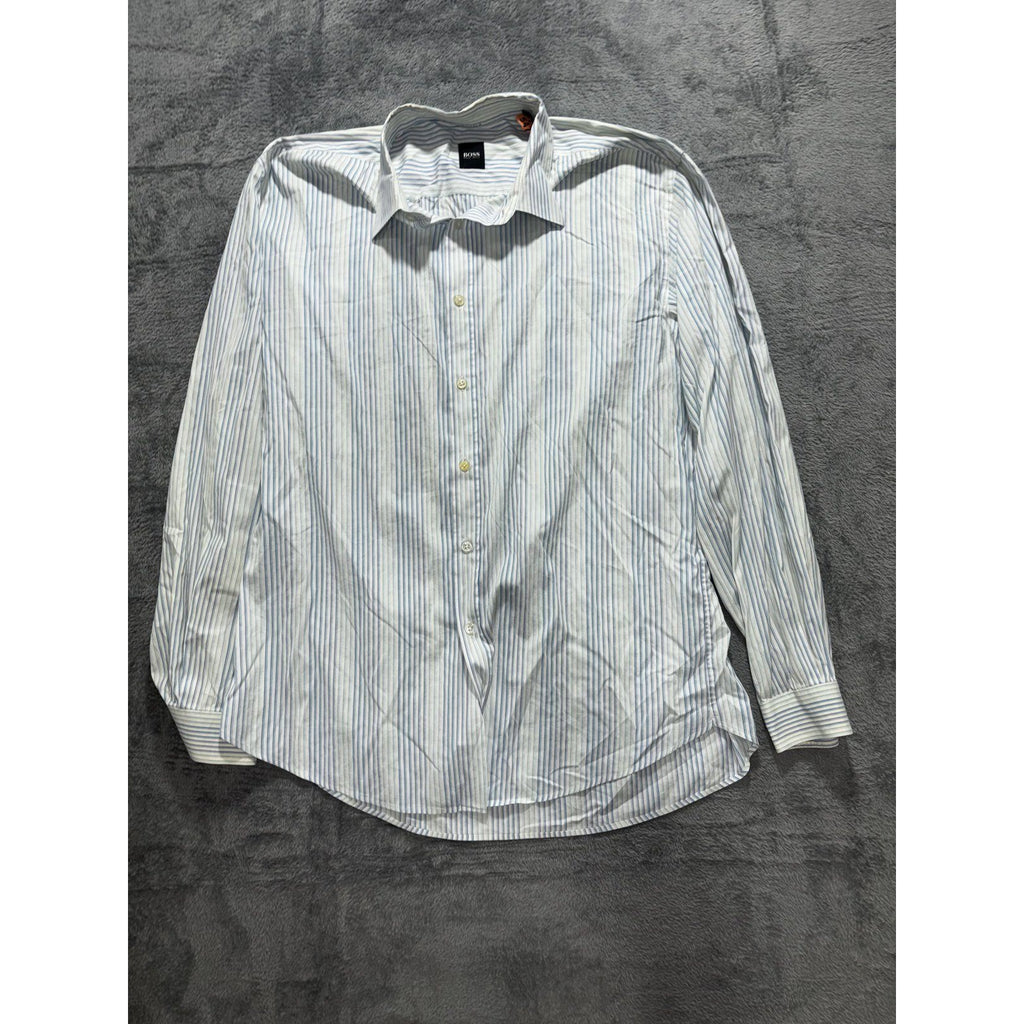Hugo Boss Mens 45/46 XXL White Blue Stripe Long Sleeve Button Up Dress Shirt