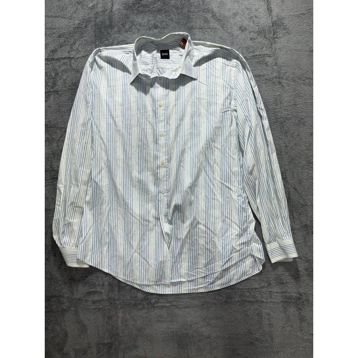 Hugo Boss Mens 45/46 XXL White Blue Stripe Long Sleeve Button Up Dress Shirt