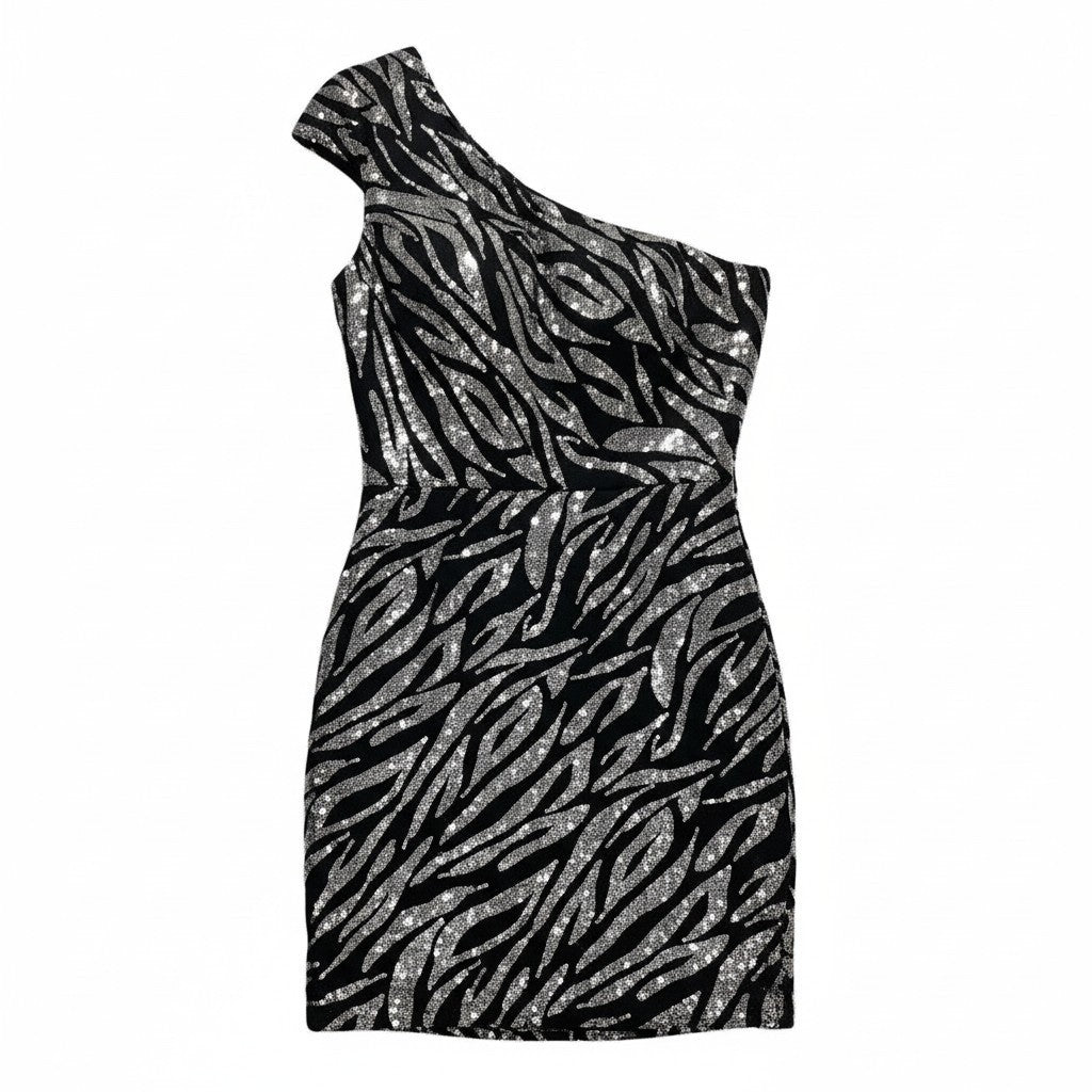 Beyond 0 Black Silver Sequin Zebra One Shoulder Womens Mini Dress Party