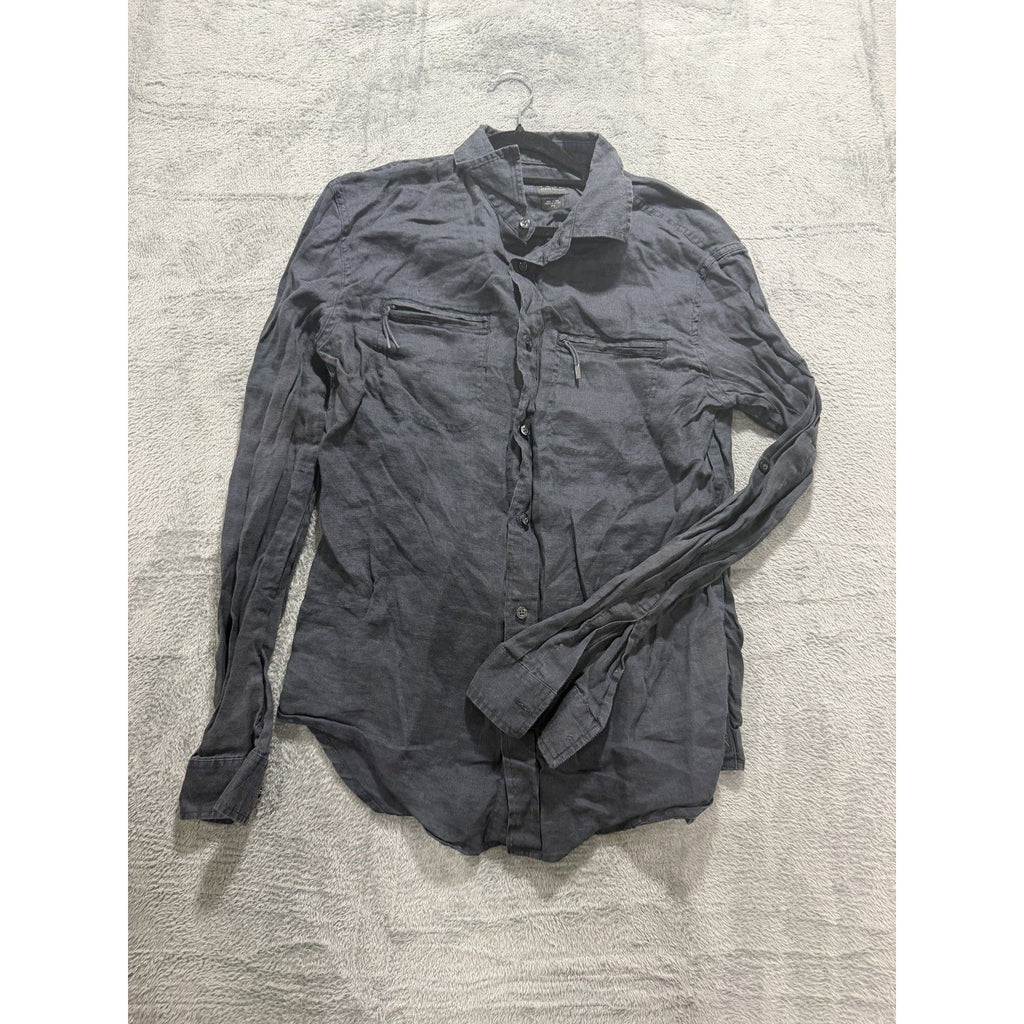 Armani Exchange Mens M Charcoal Gray Linen Button Up Shirt Zip Pockets Casual