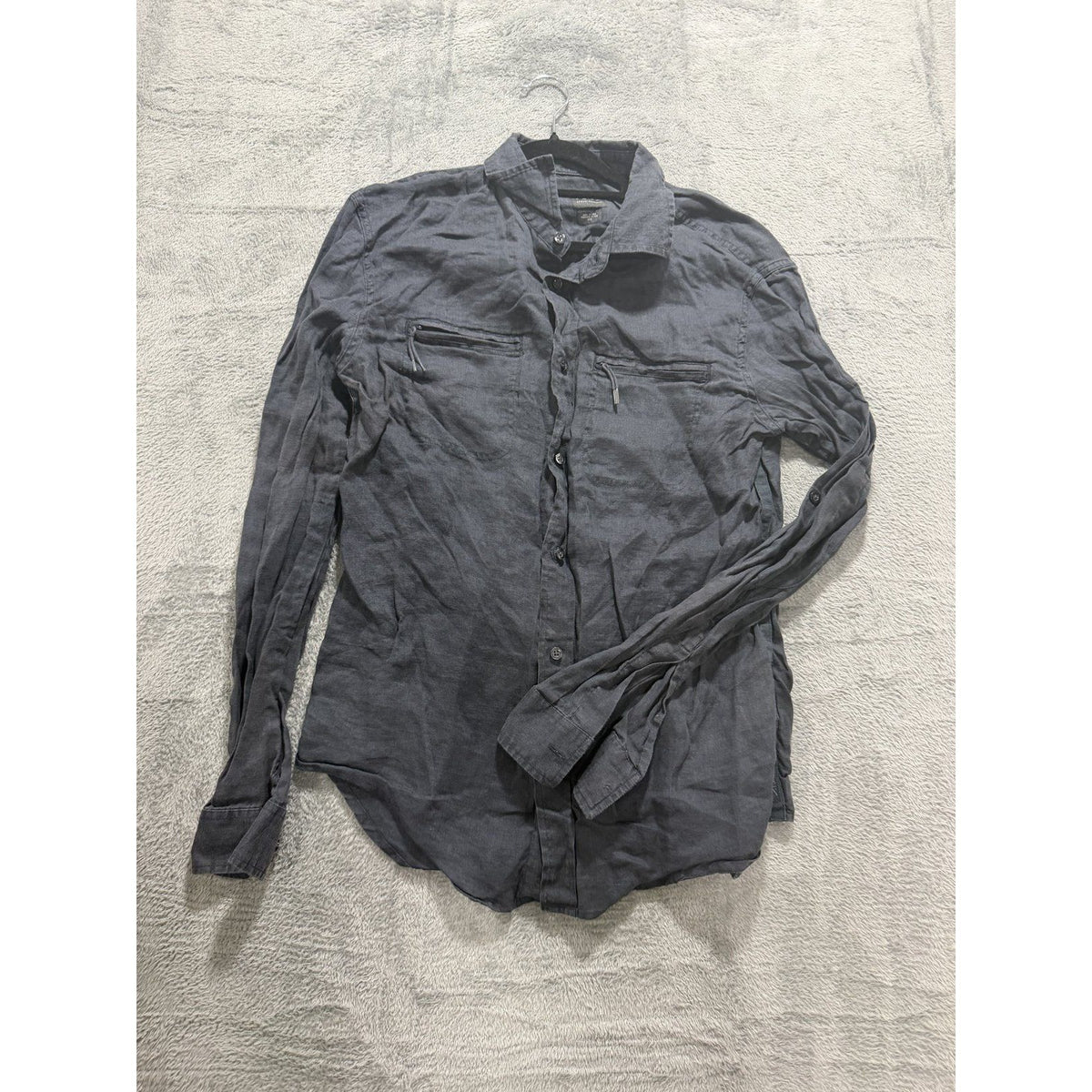 Armani Exchange Mens M Charcoal Gray Linen Button Up Shirt Zip Pockets Casual