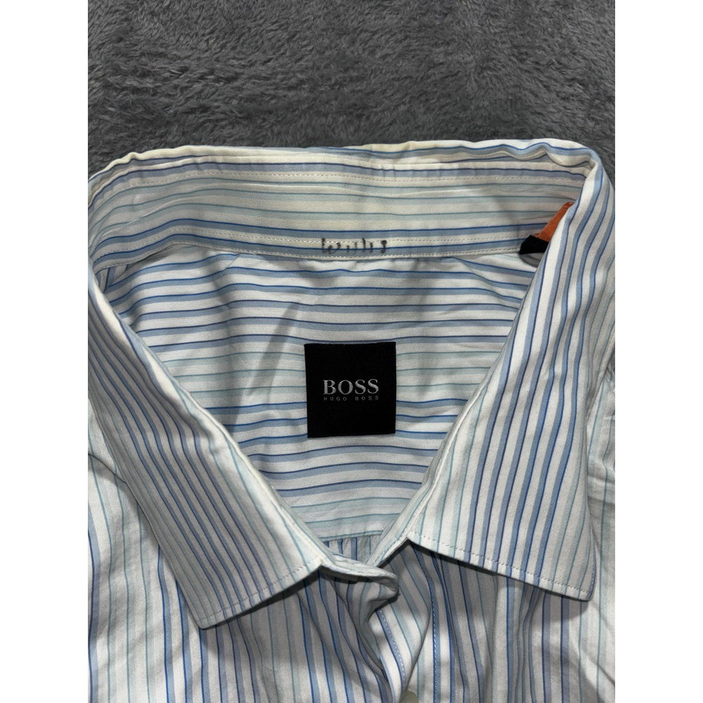 Hugo Boss Mens 45/46 XXL White Blue Stripe Long Sleeve Button Up Dress Shirt