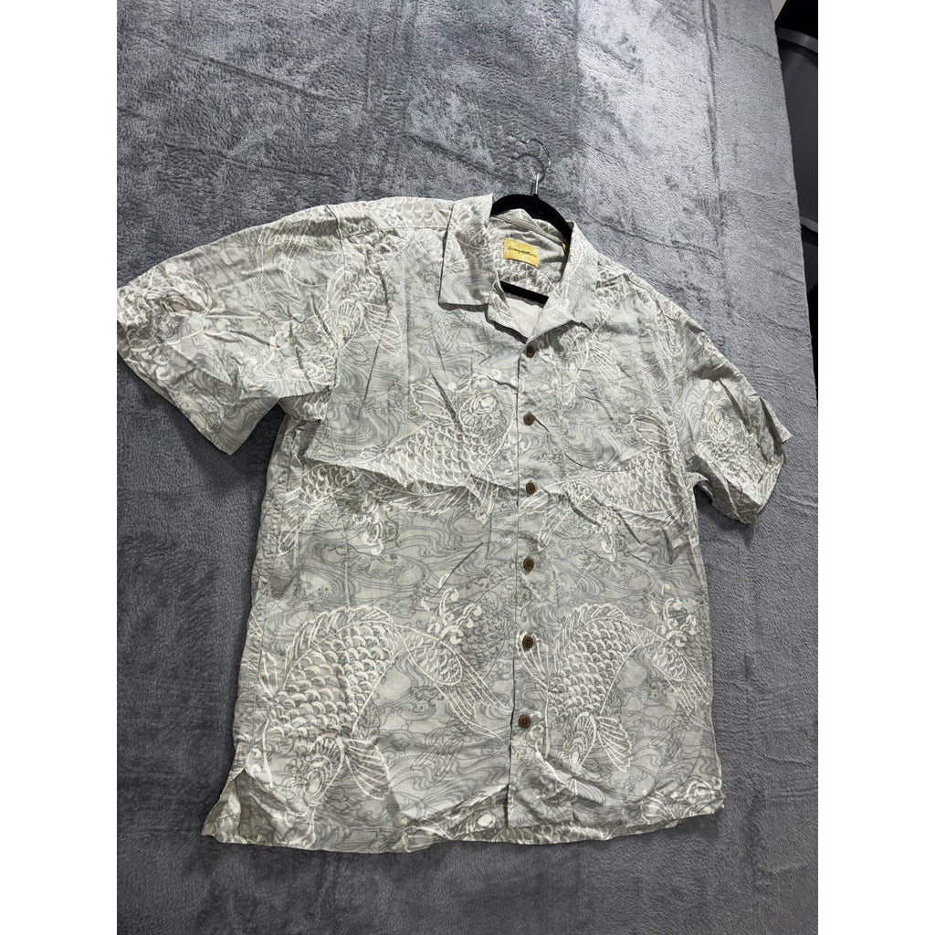 Tommy Bahama Mens XL Gray Green Koi Fish Print Short Sleeve Button Up Shirt