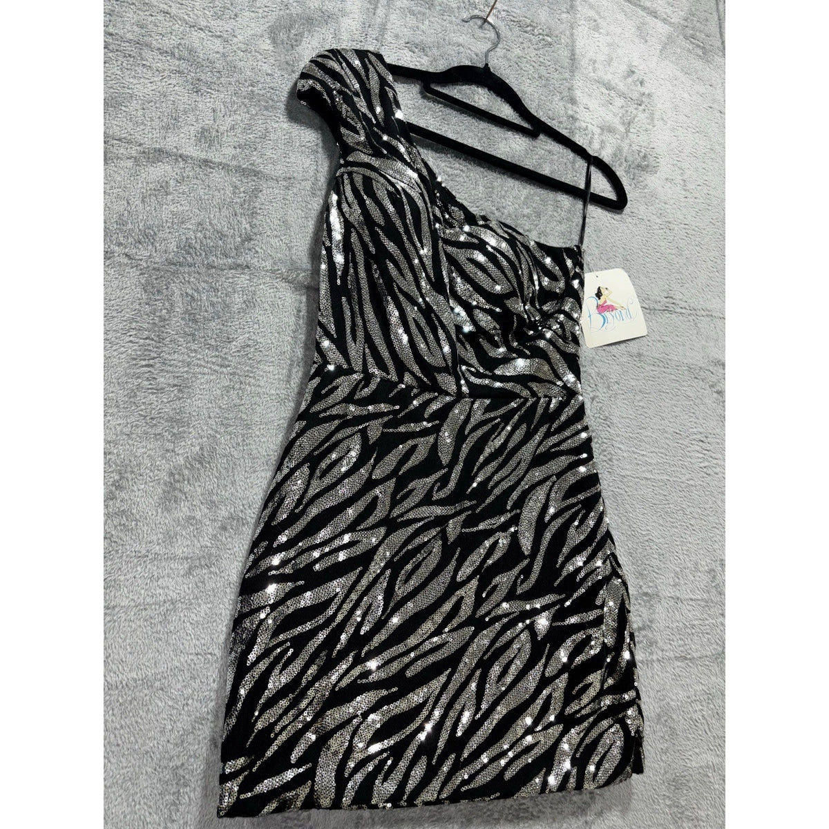 Beyond 0 Black Silver Sequin Zebra One Shoulder Womens Mini Dress Party