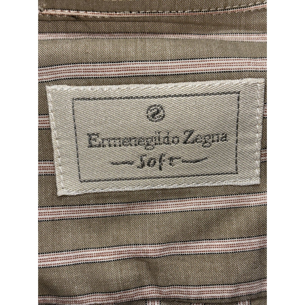 Ermenegildo Zegna Mens 41/16 Olive Striped Long Sleeve Button Up Dress Shirt