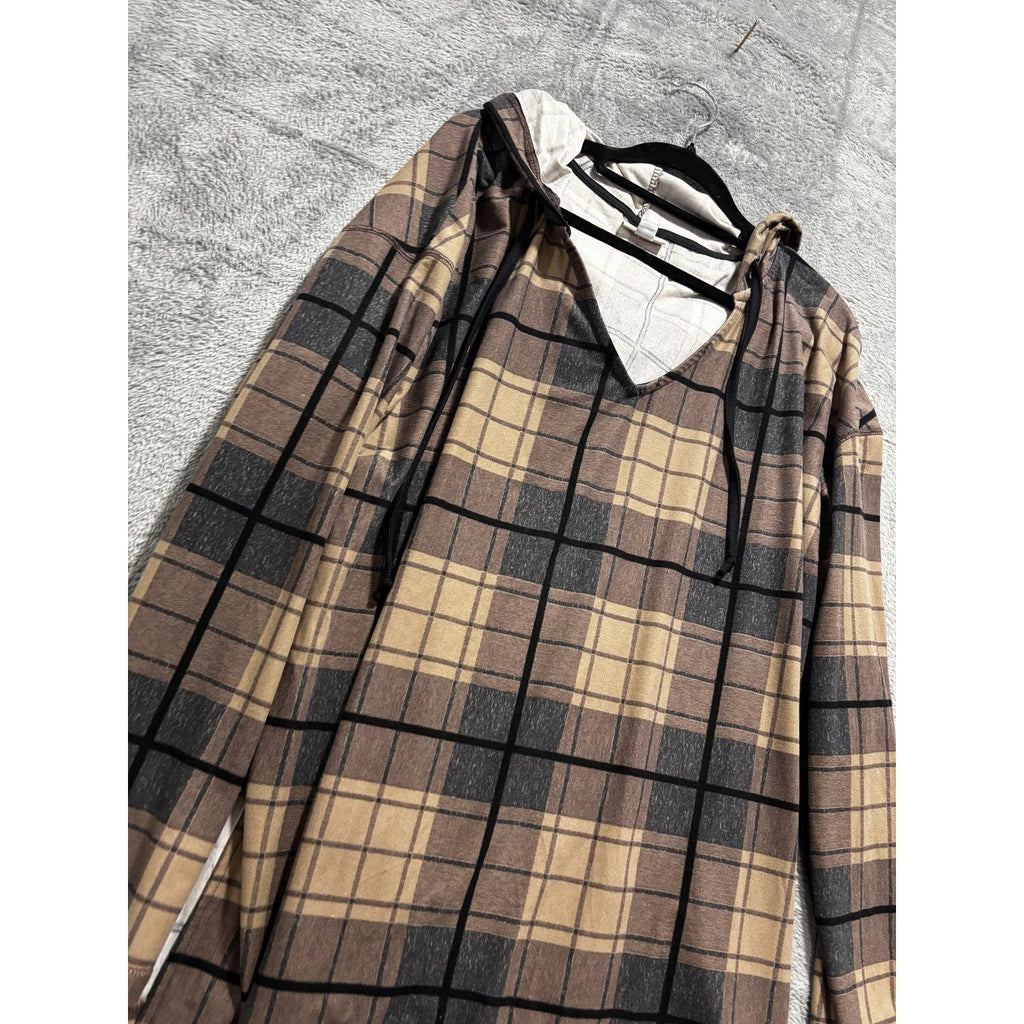LuLaRoe Womens XL Tan Brown Plaid Hooded Tunic Top Casual Cozy