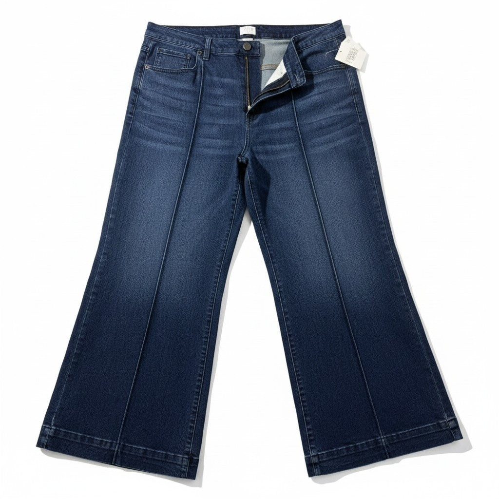 Time and Tru dark wash pintuck wide leg jeans front