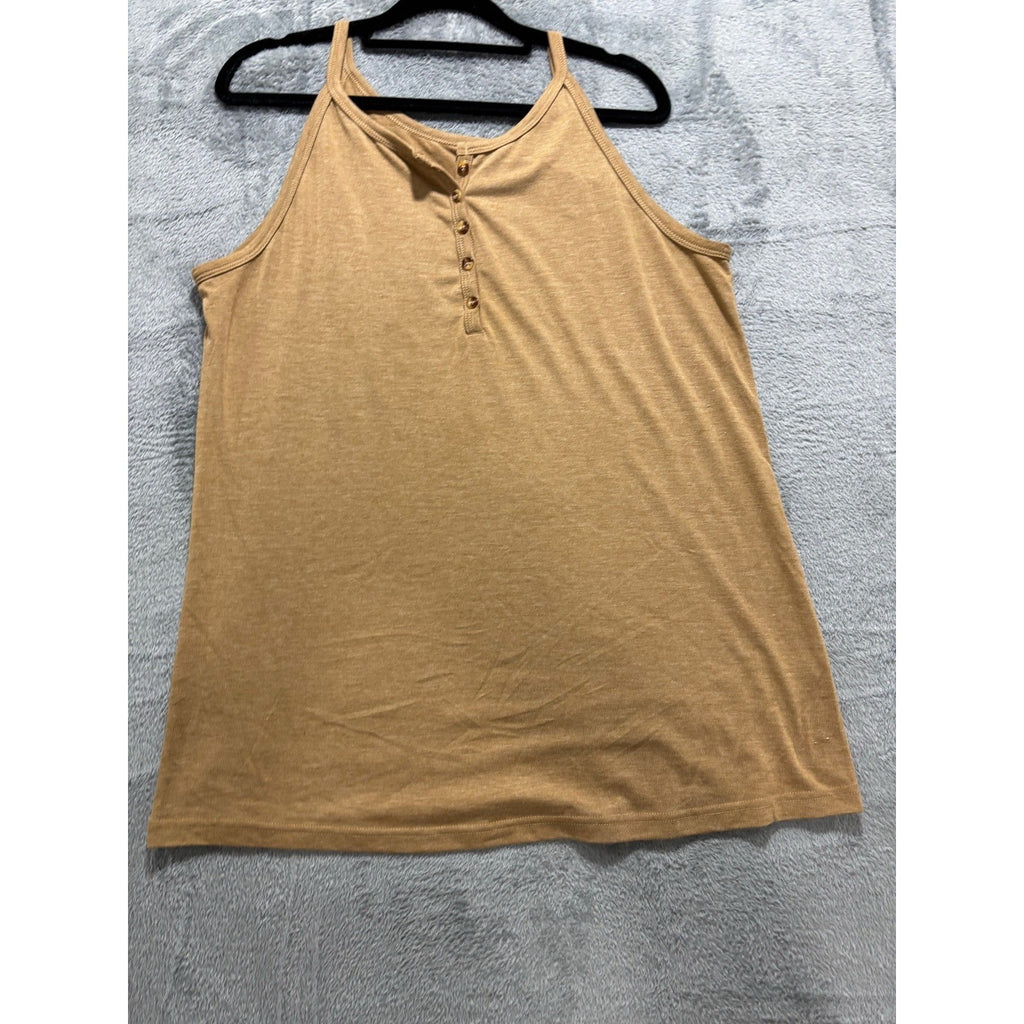 Womens Camel Tan Henley Cami Tank Top Sleeveless Casual Boho Minimalist