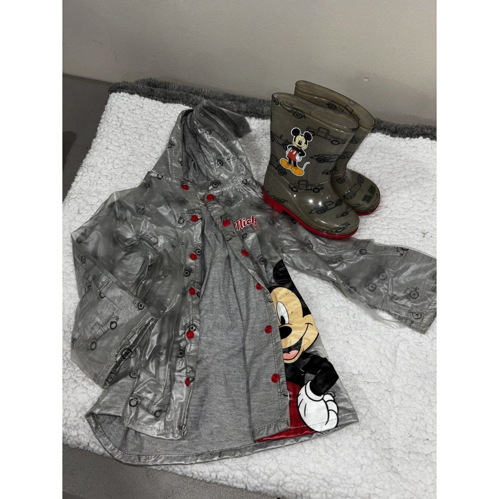 Disney Mickey Mouse Toddler 3T Clear Rain Coat and Size 7 Rain Boots Set