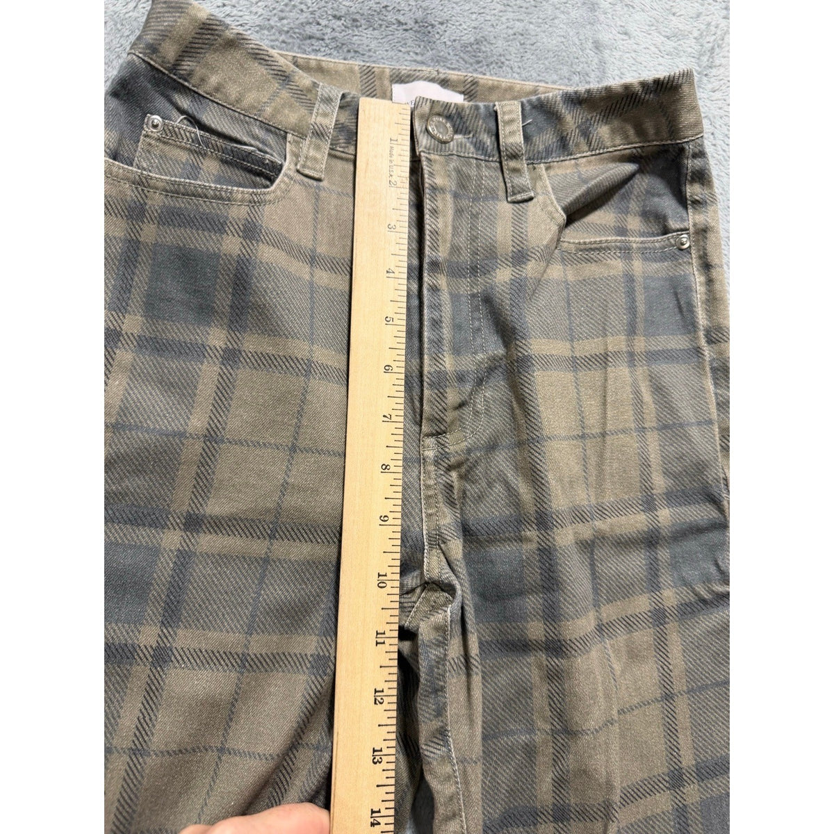 WEWOREWHAT 25 Olive Gray Plaid Straight Leg Jeans Womens Stretch Casual Preppy