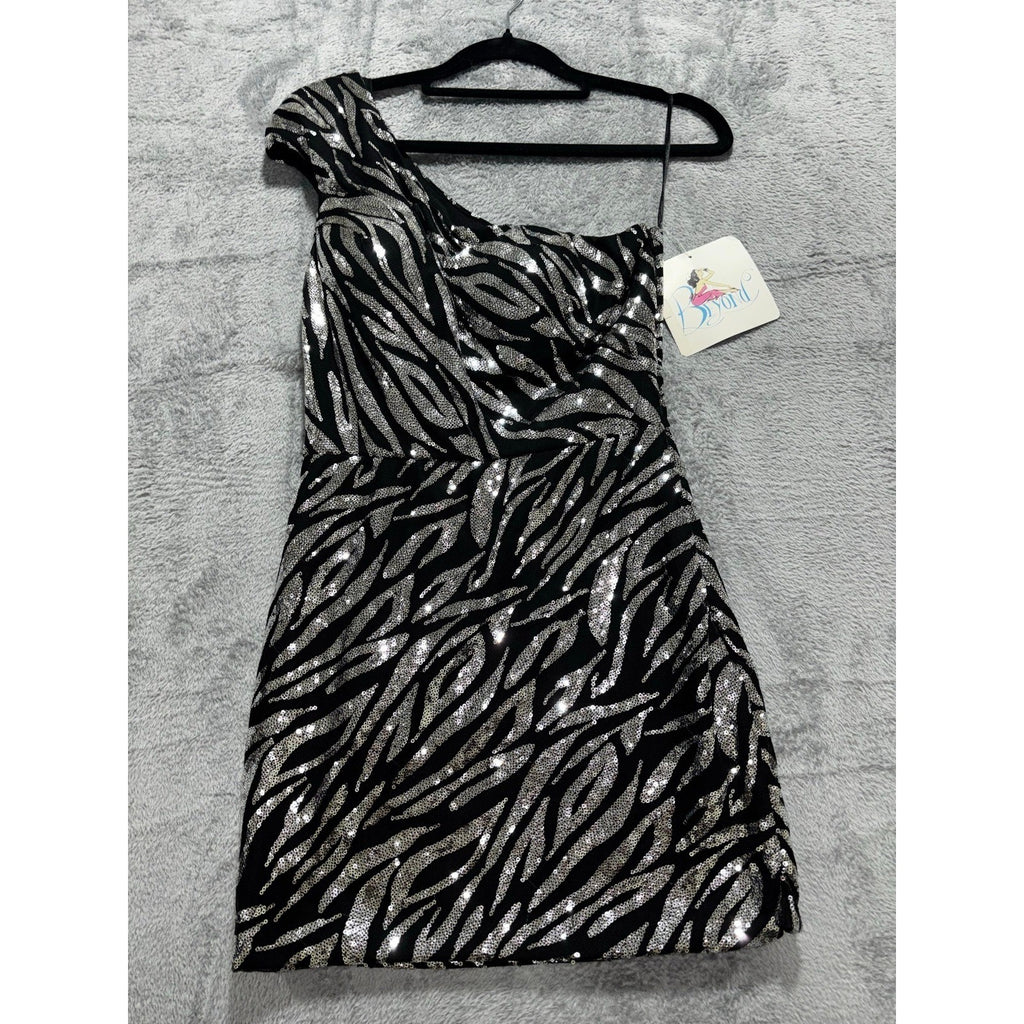 Beyond 0 Black Silver Sequin Zebra One Shoulder Womens Mini Dress Party