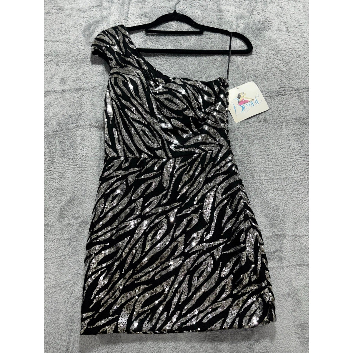Beyond 0 Black Silver Sequin Zebra One Shoulder Womens Mini Dress Party