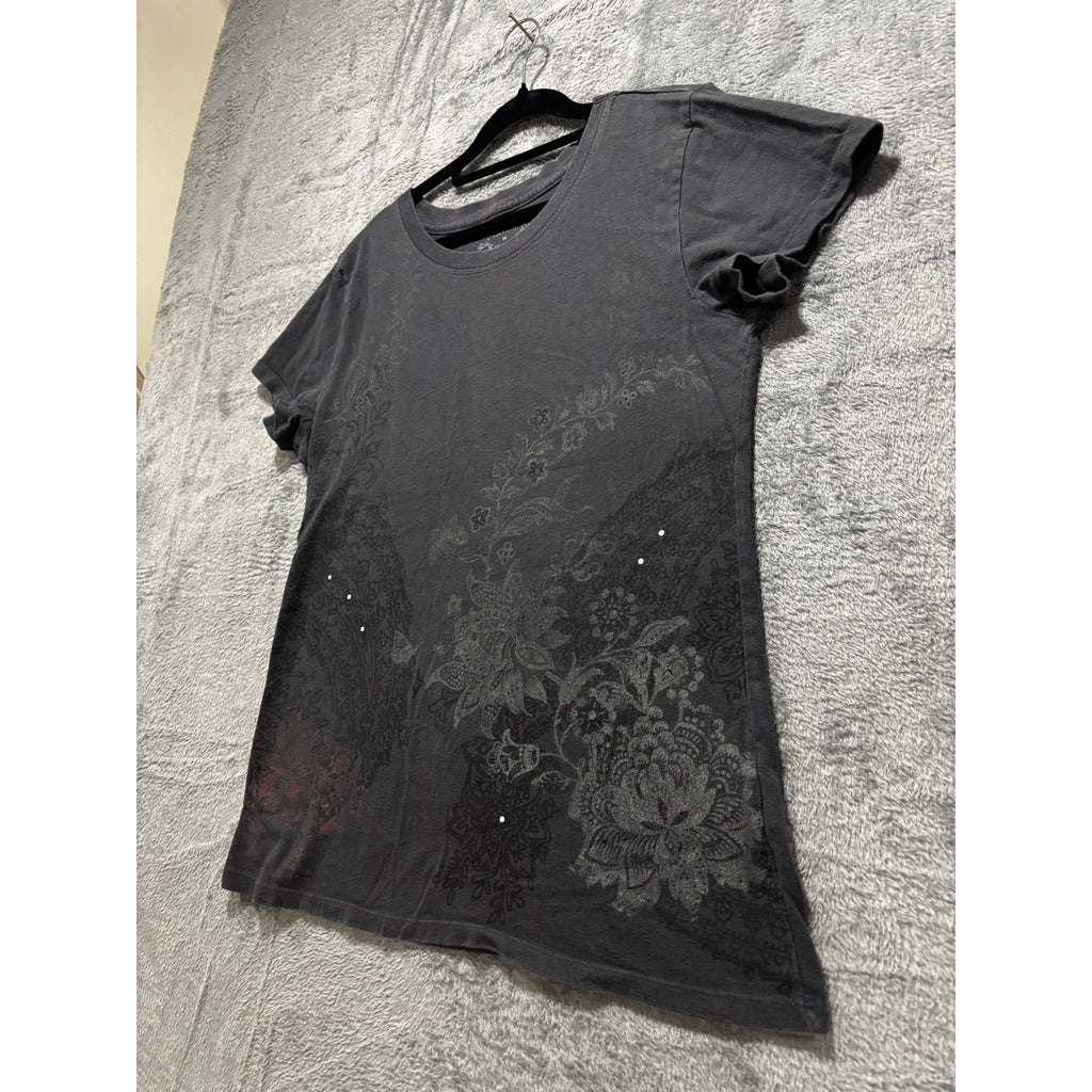 Sonoma Life + Style Womens M Charcoal Graphic Tee Floral Rhinestone