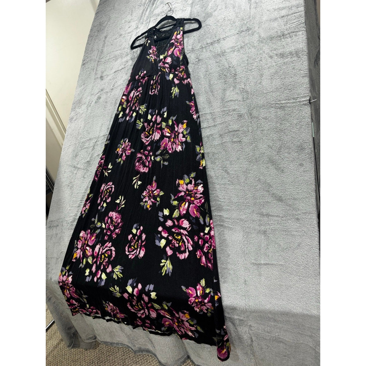 Elle Womens S Black Pink Floral Maxi Dress Lace Back Boho Casual