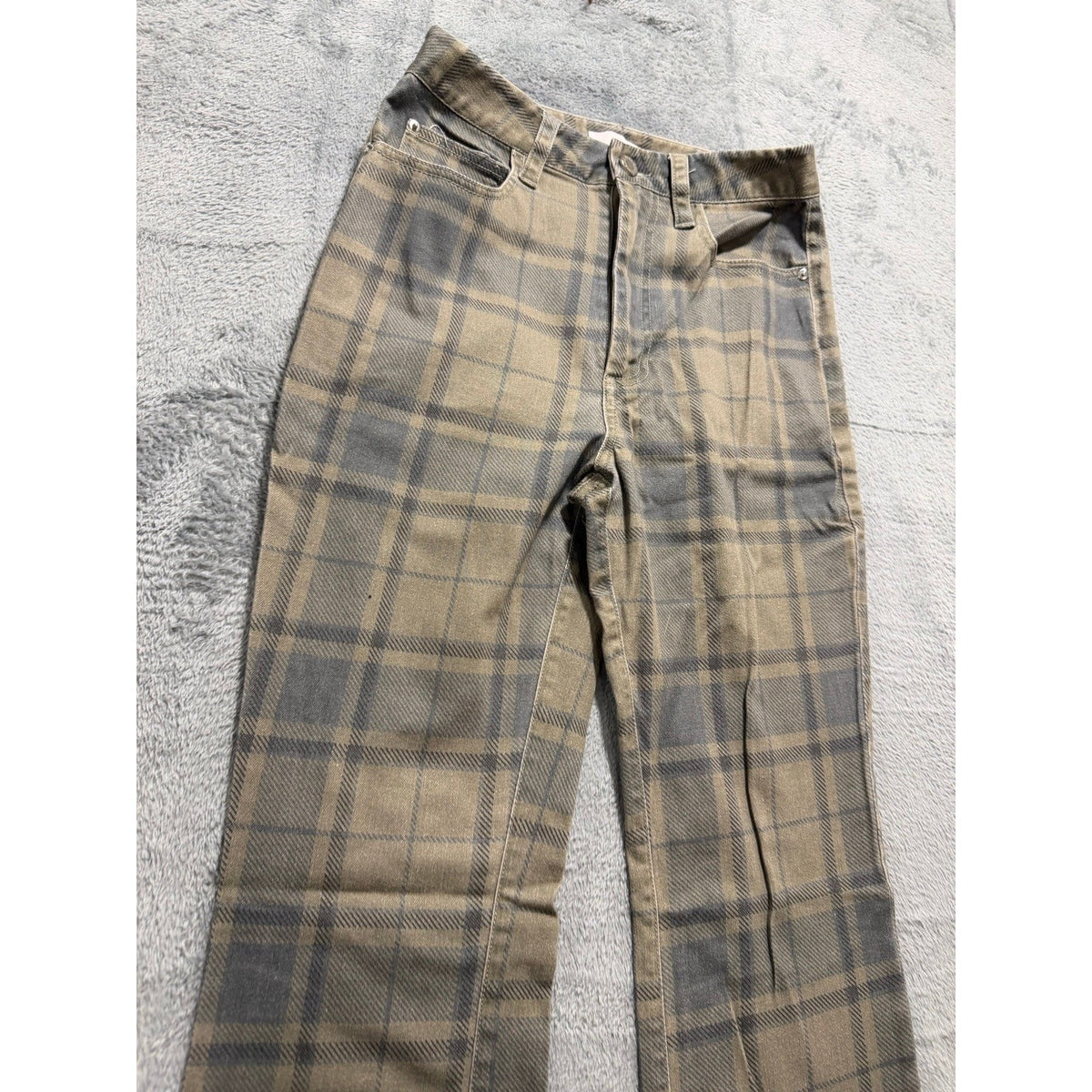 WEWOREWHAT 25 Olive Gray Plaid Straight Leg Jeans Womens Stretch Casual Preppy