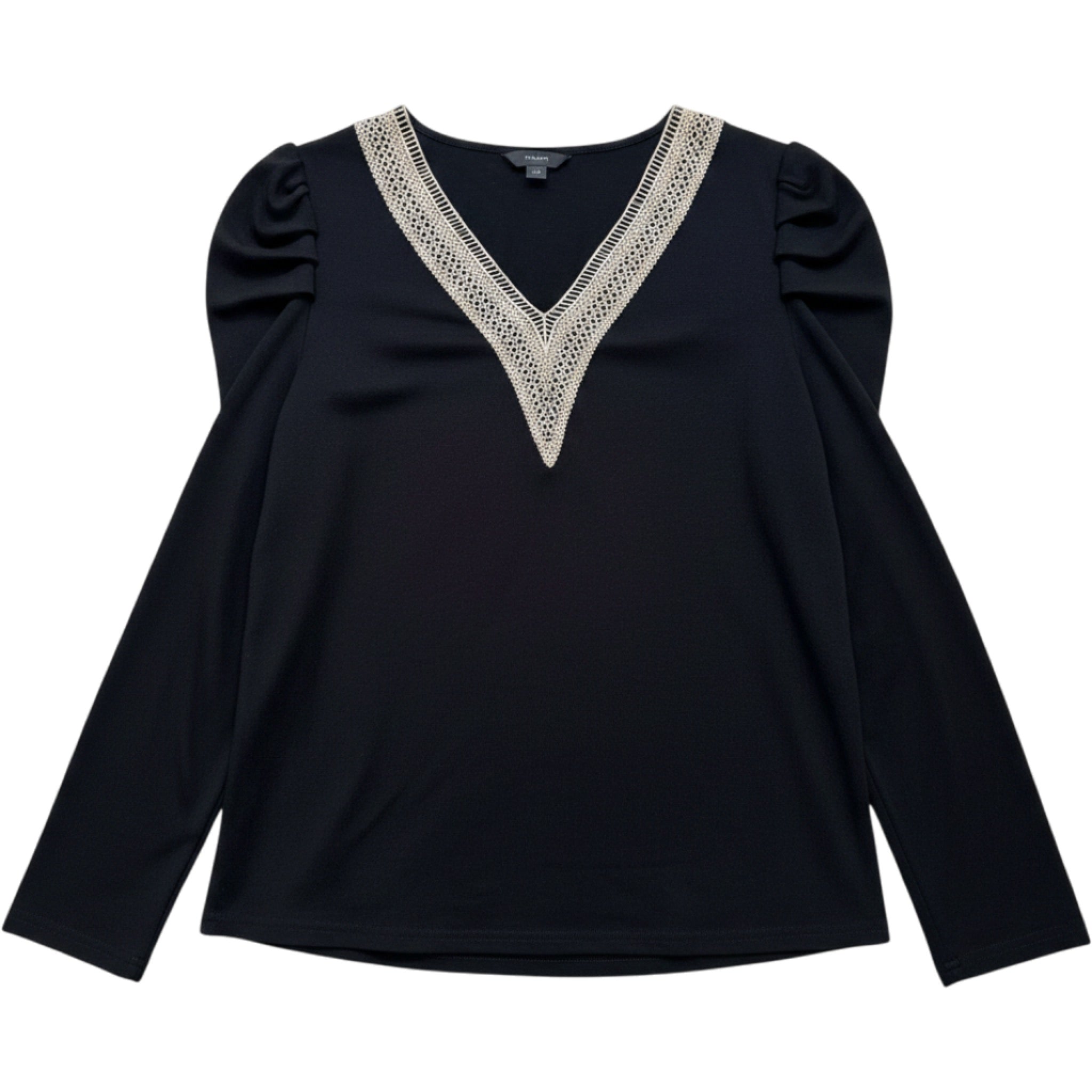Dokotoo Black Embellished V Neck Top Womens XL Puff Sleeve Chic Evening Blouse