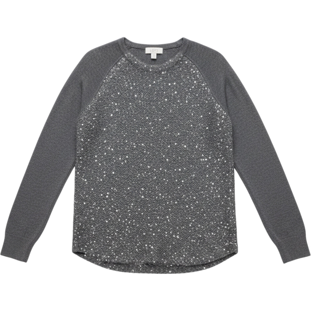 LOFT Gray Sequin Front Raglan Sweater Womens Small Sparkle Chic Pullover Top