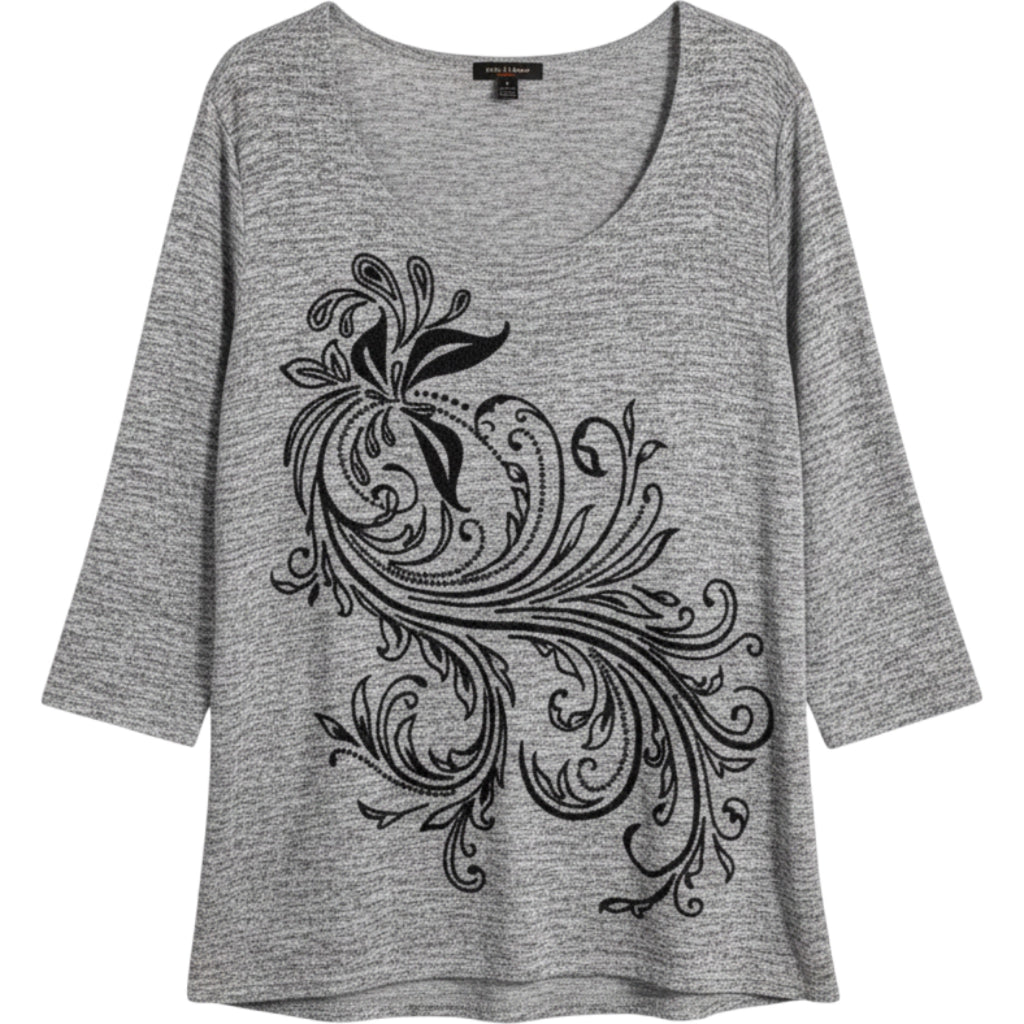 Bleeker & McDougal M Gray Floral Embroidered Tunic 3/4 Sleeve Boho Top