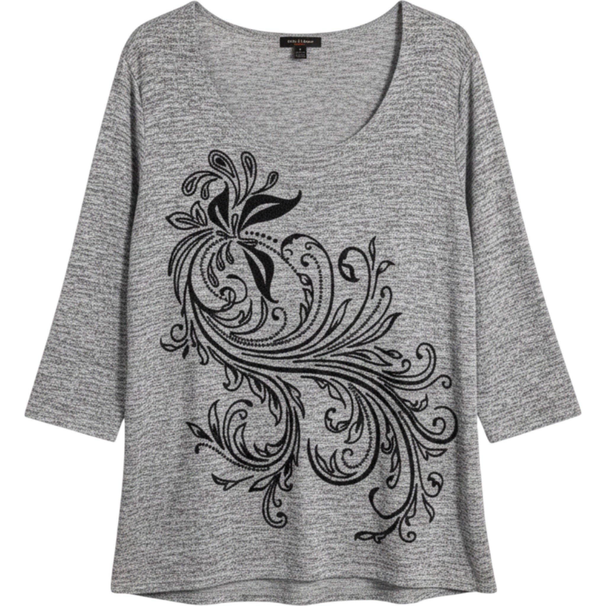 Bleeker & McDougal M Gray Floral Embroidered Tunic 3/4 Sleeve Boho Top