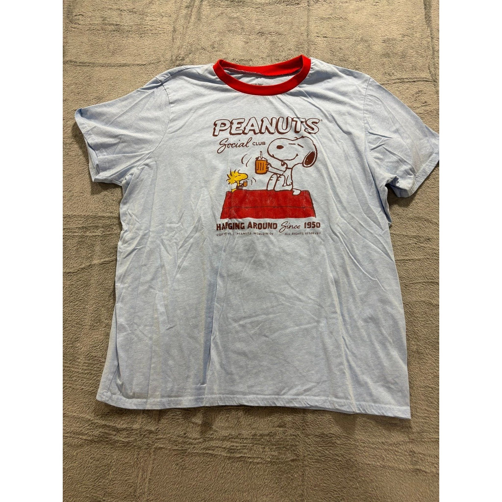 Peanuts Women XXL Lt Blue Snoopy Woodstock Ringer T-Shirt Casual Vintage Style