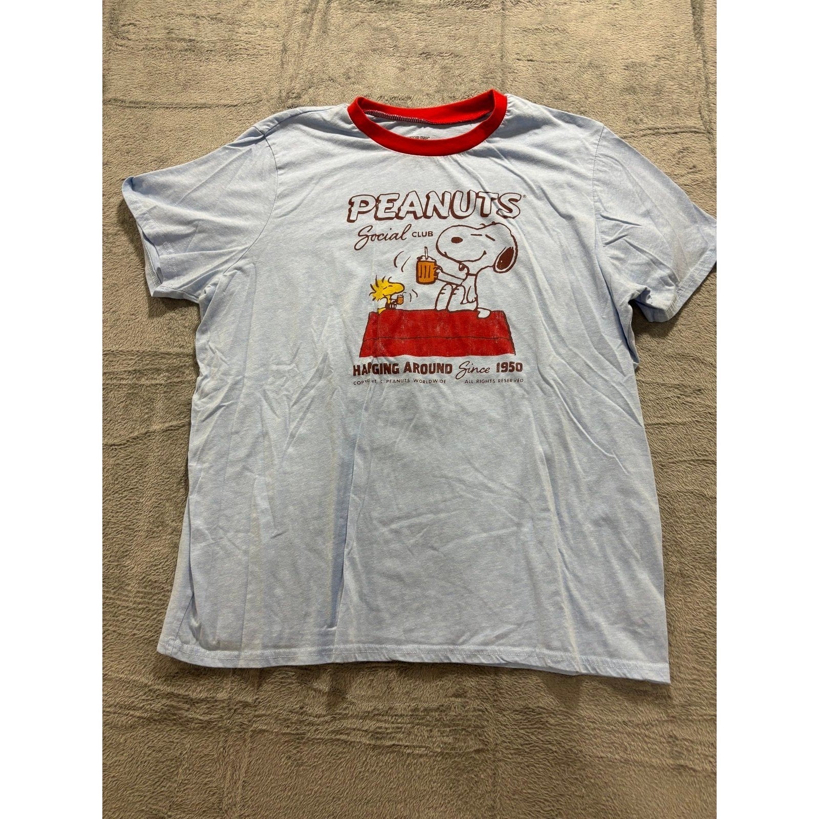 Peanuts Women XXL Lt Blue Snoopy Woodstock Ringer T-Shirt Casual Vintage Style