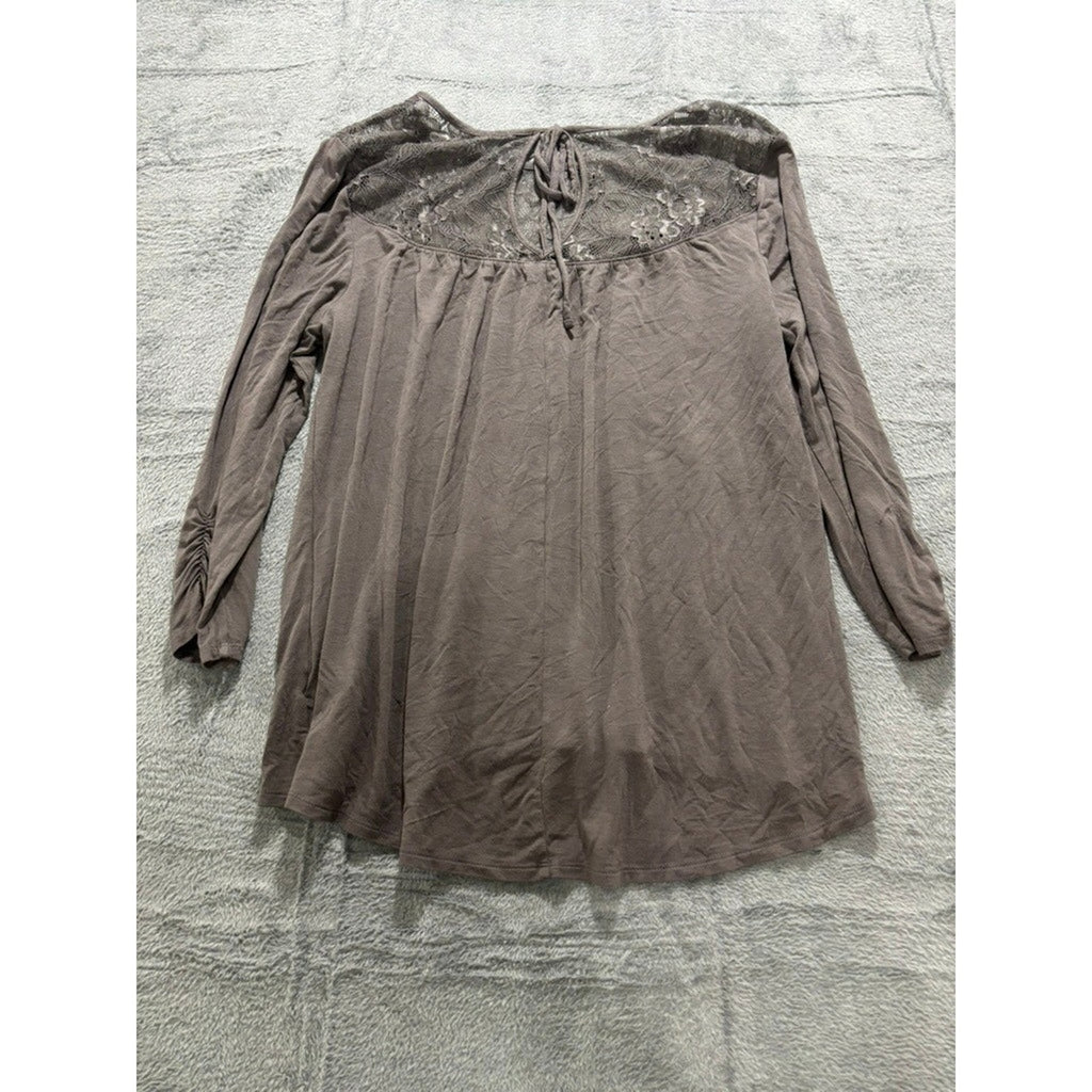 Maurices Womens XL Taupe Lace Yoke Tie Back Long Sleeve Ruched Peasant Top