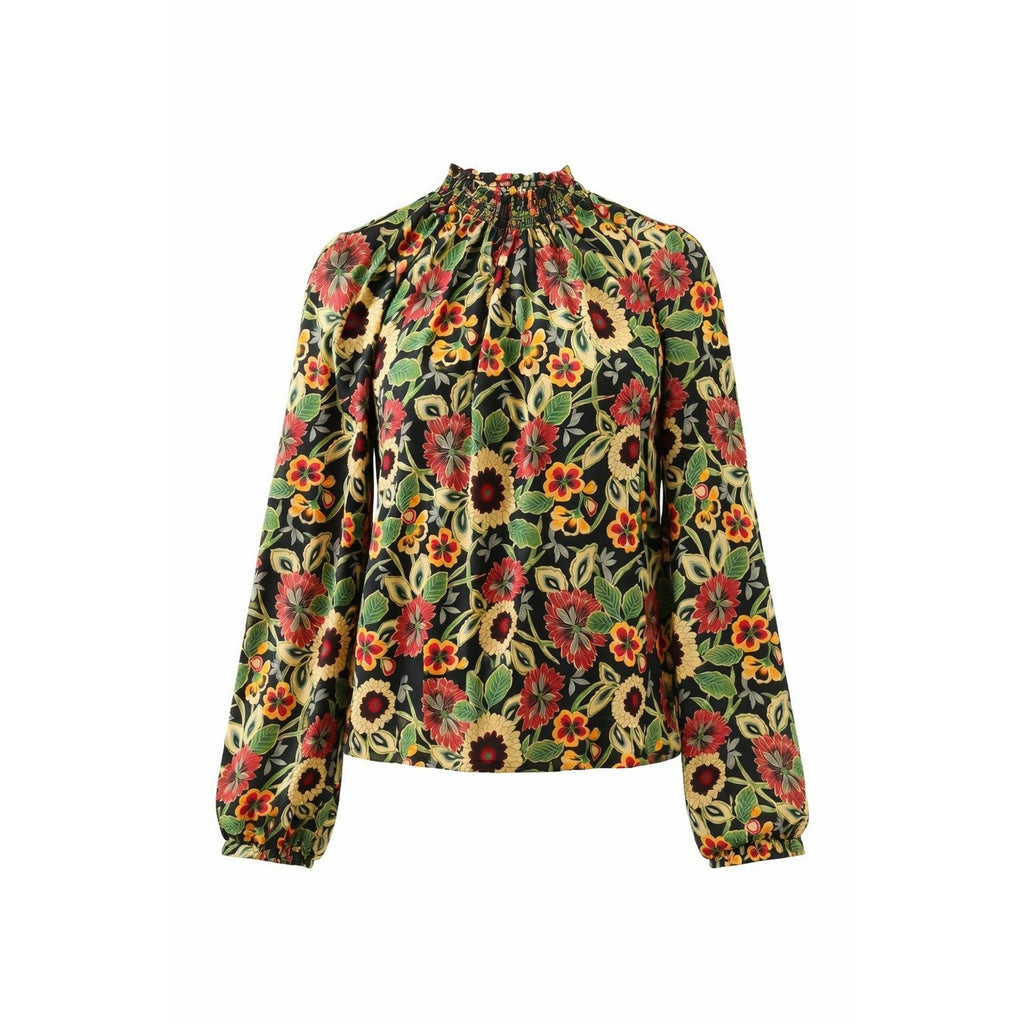 MelloDay Blouse Womens M Floral Boho Smocked Neck Long Sleeve Lightweight Office