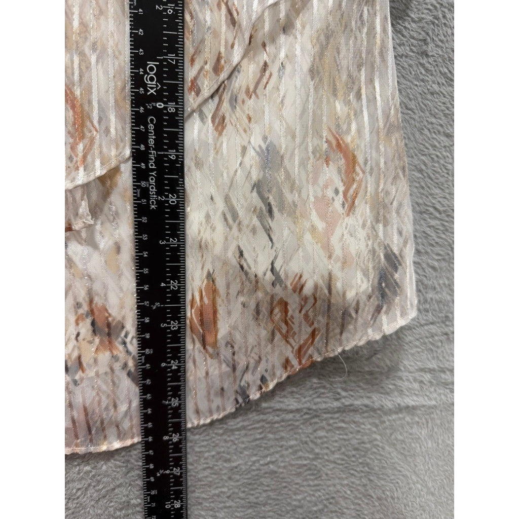 White House Black Market XS Tiered Ruffle Shell Top Metallic Stripe Abstract Tan