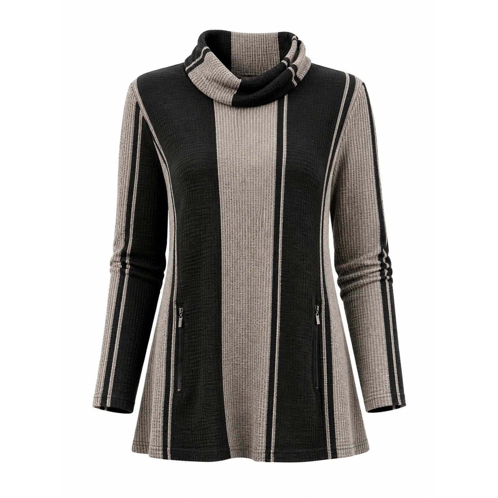 Soft Surroundings Womens Small Black Tan Striped Cowl Neck Tunic Zip Pockets