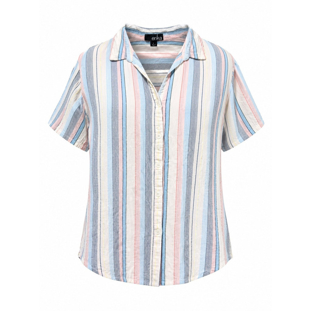Erika Button Up Shirt Womens L Multicolor Stripe Cotton Short Sleeve Casual