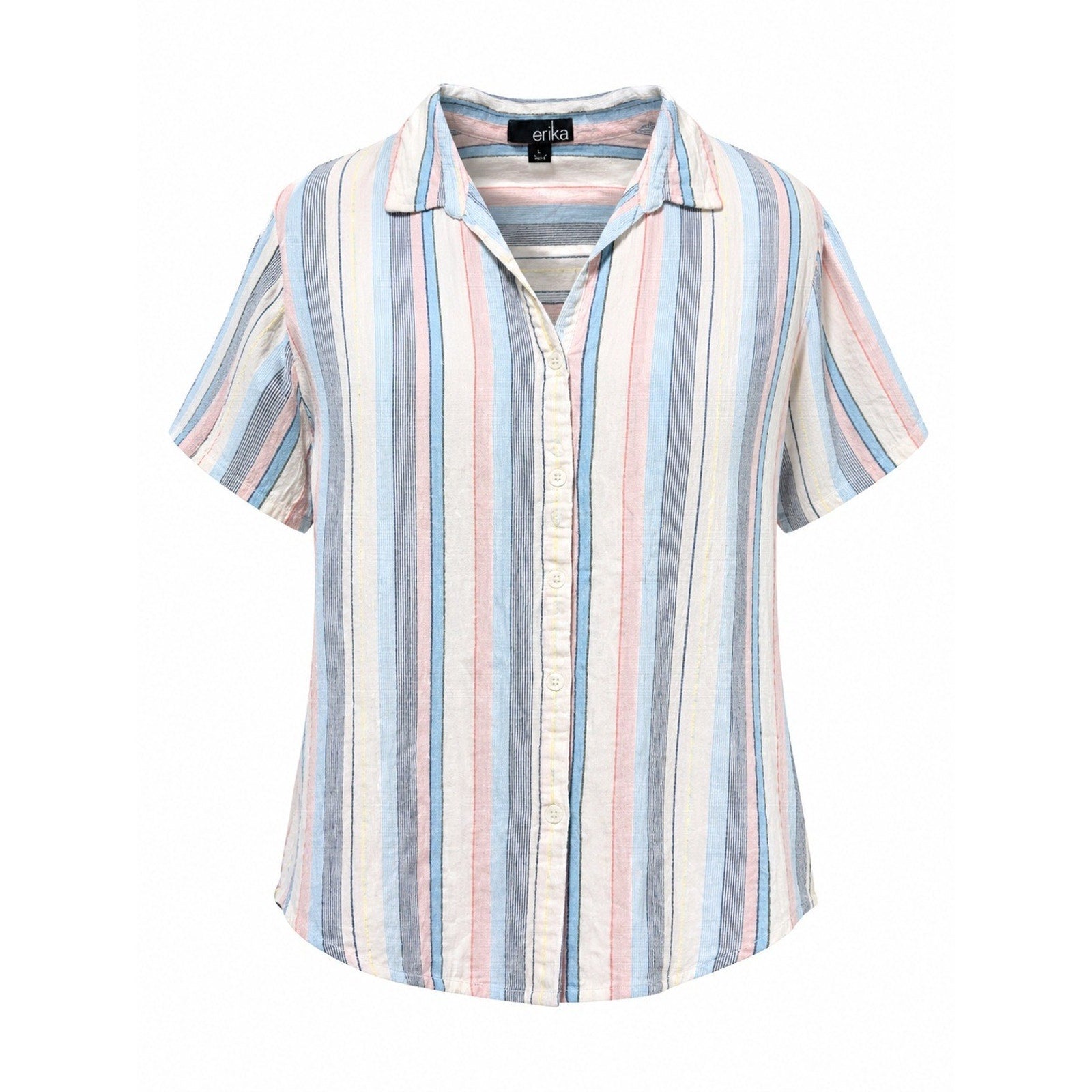 Erika Button Up Shirt Womens L Multicolor Stripe Cotton Short Sleeve Casual