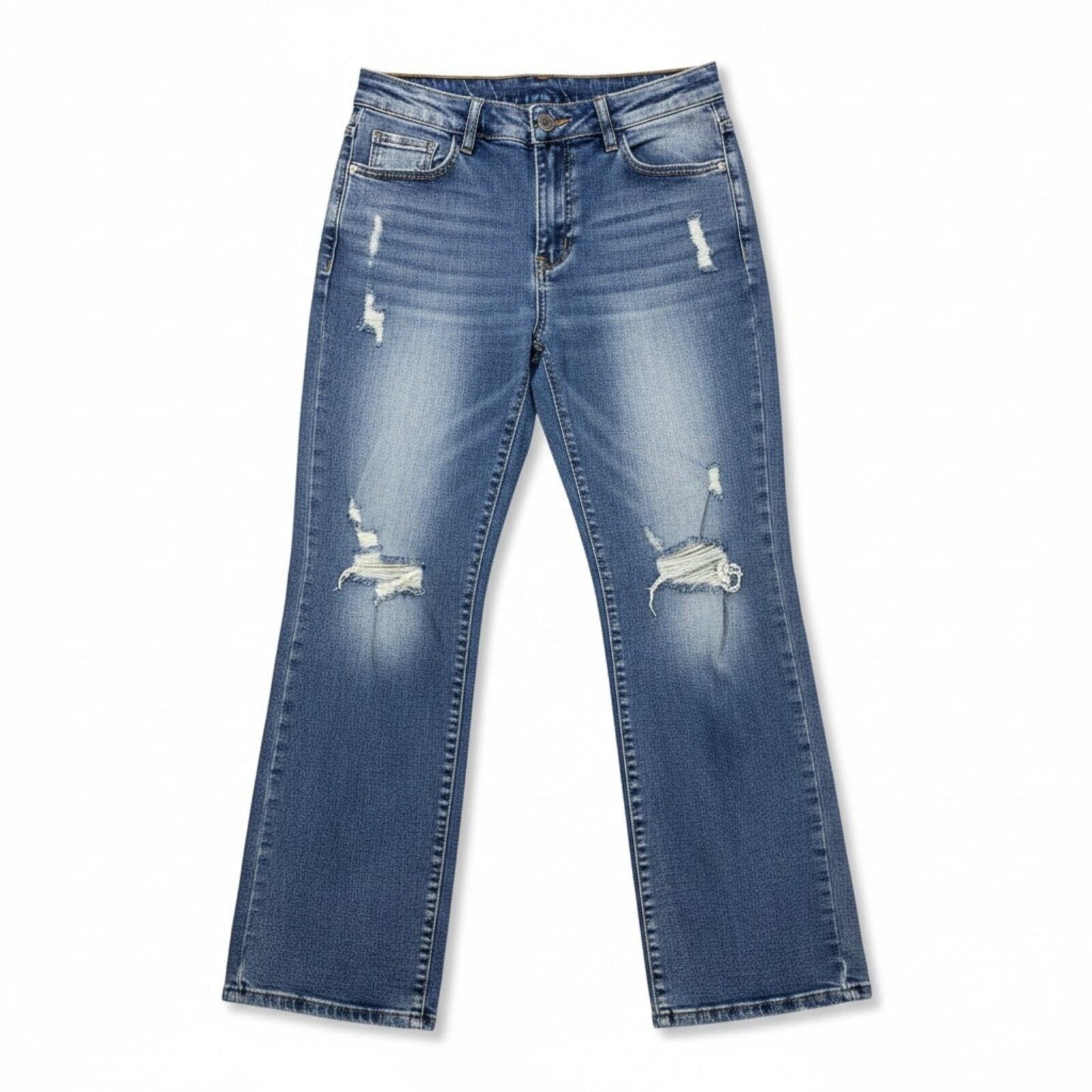 Womens L Blue Distressed Straight Leg Jeans Boho Casual Denim