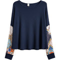 7th Ray Navy Waffle Knit Boho Top Womens Large Patch Sleeve Casual