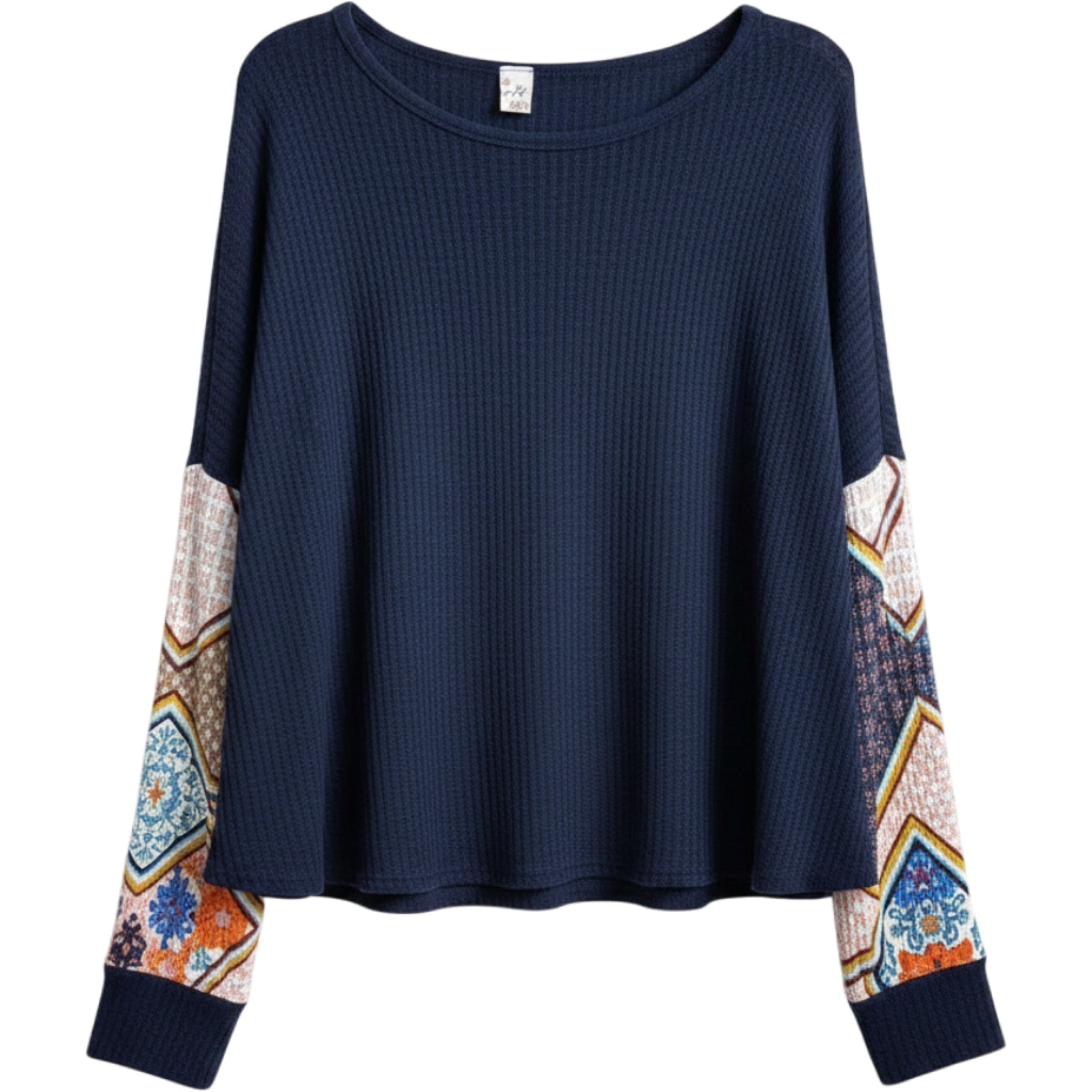 7th Ray Navy Waffle Knit Boho Top Womens Large Patch Sleeve Casual