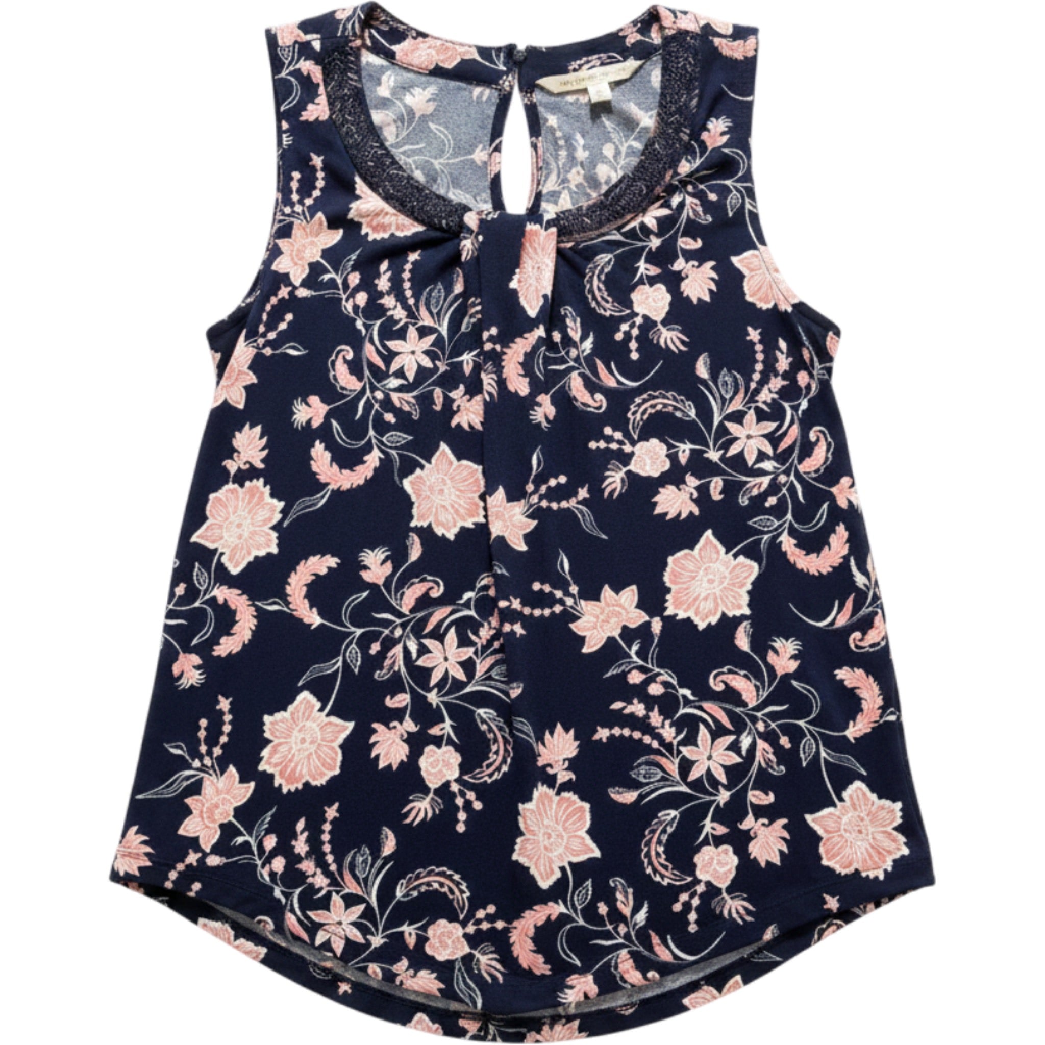 Magnolia Grace Floral Tank Top Womens L Navy Pink Beaded Neck Blouse