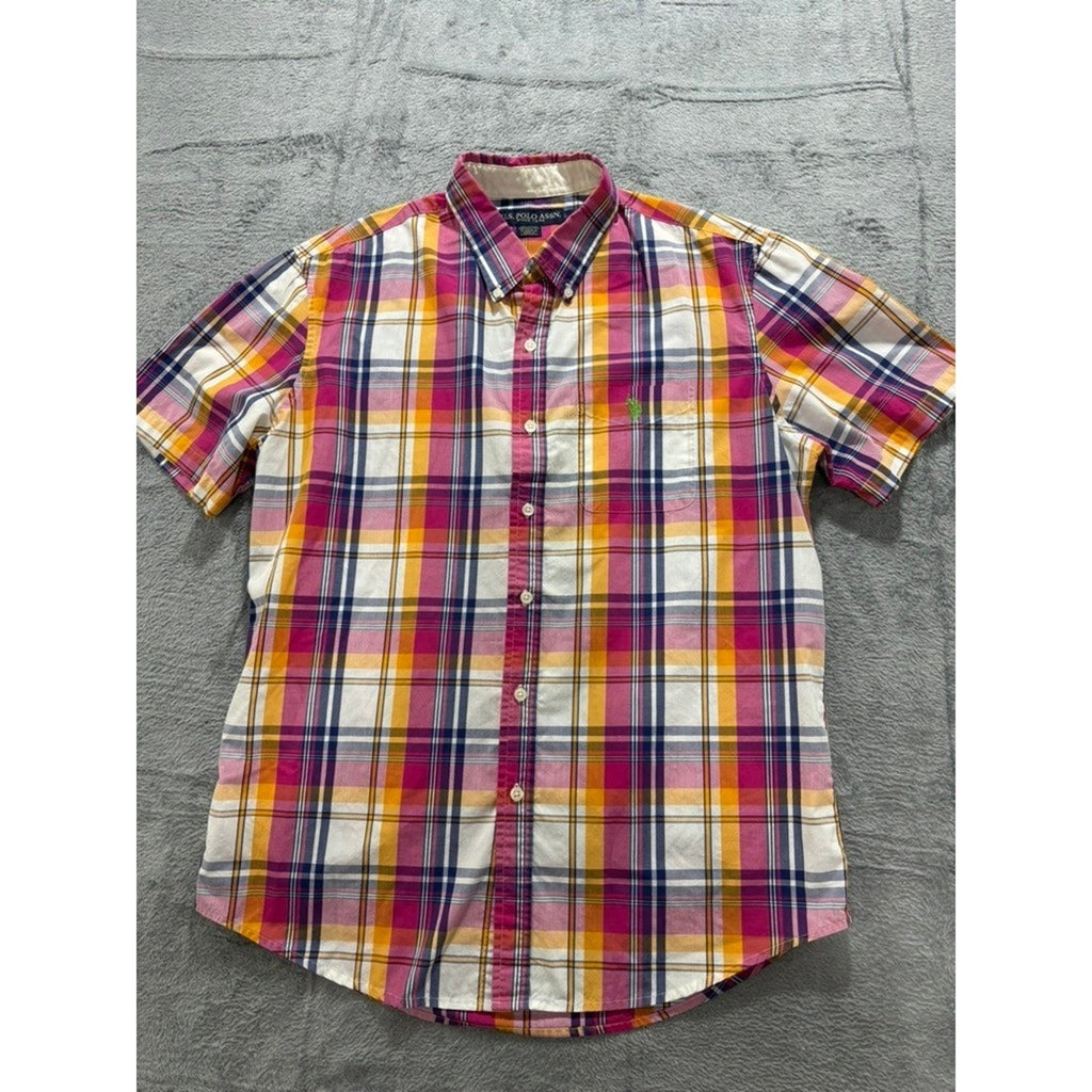 US Polo Assn Shirt Mens L Plaid Button Up Short Sleeve Multicolor Classic