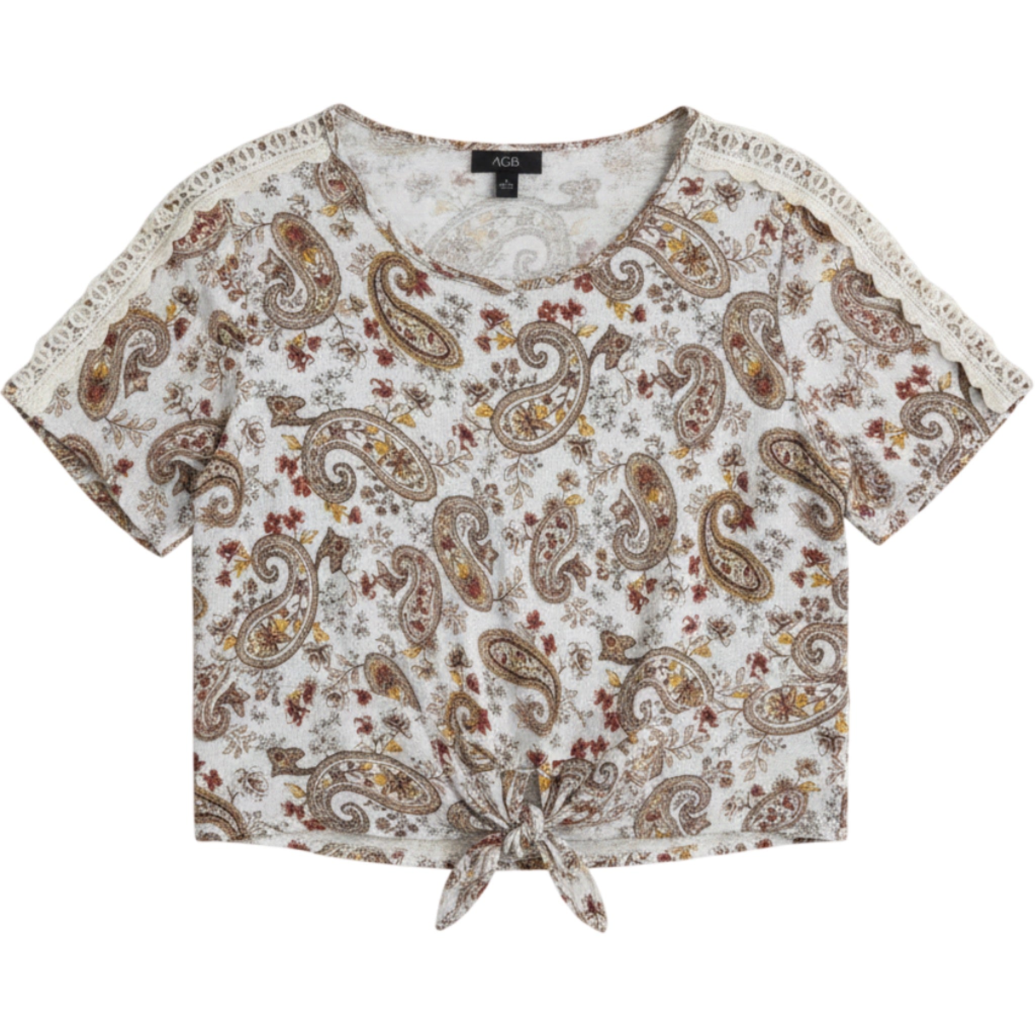 AGB Paisley Boho Top L Crochet Shoulder Tie Front Cottagecore Peasant Blouse