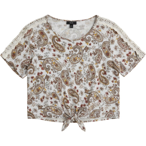 AGB Paisley Boho Top L Crochet Shoulder Tie Front Cottagecore Peasant Blouse