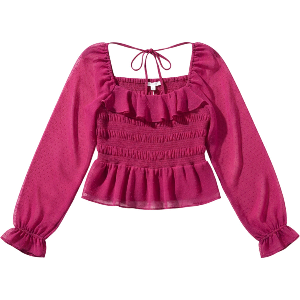 LC Lauren Conrad L Fuchsia Smocked Ruffle Sheer Mesh Peplum Blouse Top Romantic