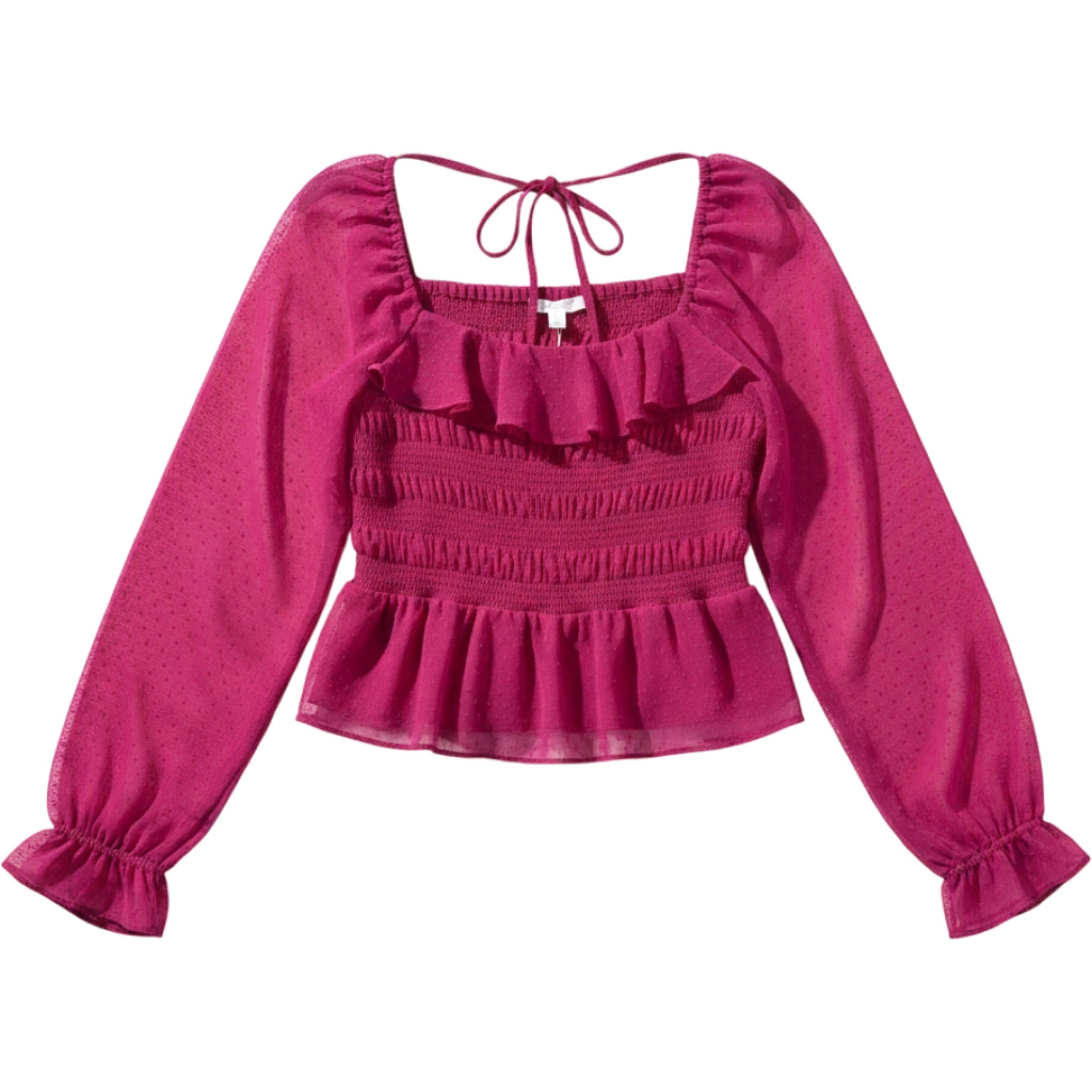 LC Lauren Conrad L Fuchsia Smocked Ruffle Sheer Mesh Peplum Blouse Top Romantic