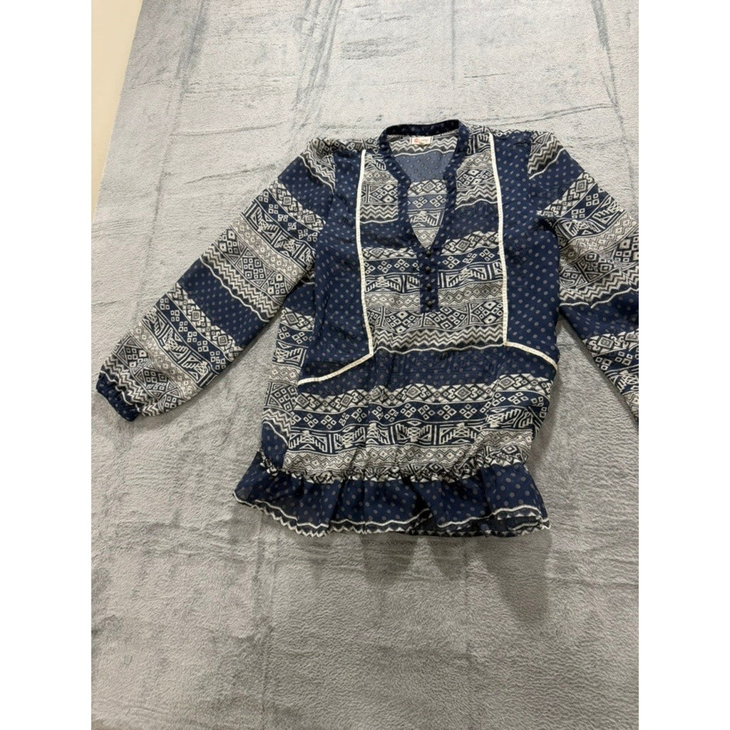Olsenboye Boho Peplum Blouse Womens Large Blue Tribal Print Sheer Ruffle Top